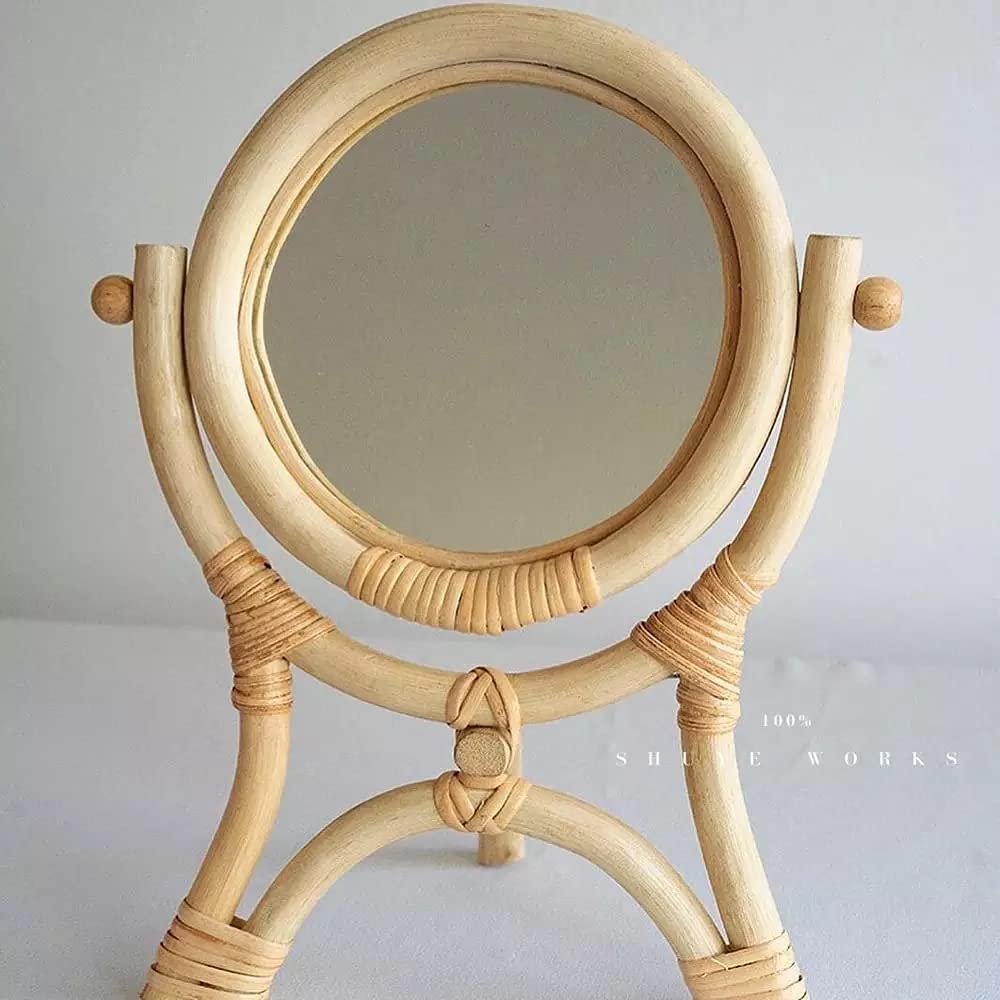 Hand-Woven Rattan Vanity Mirror - Natural Makeup Mirror with Flip Design for Dressing Table | Retro Vertical Standing Mirror for Bedroom, Bathroom & Home Decor