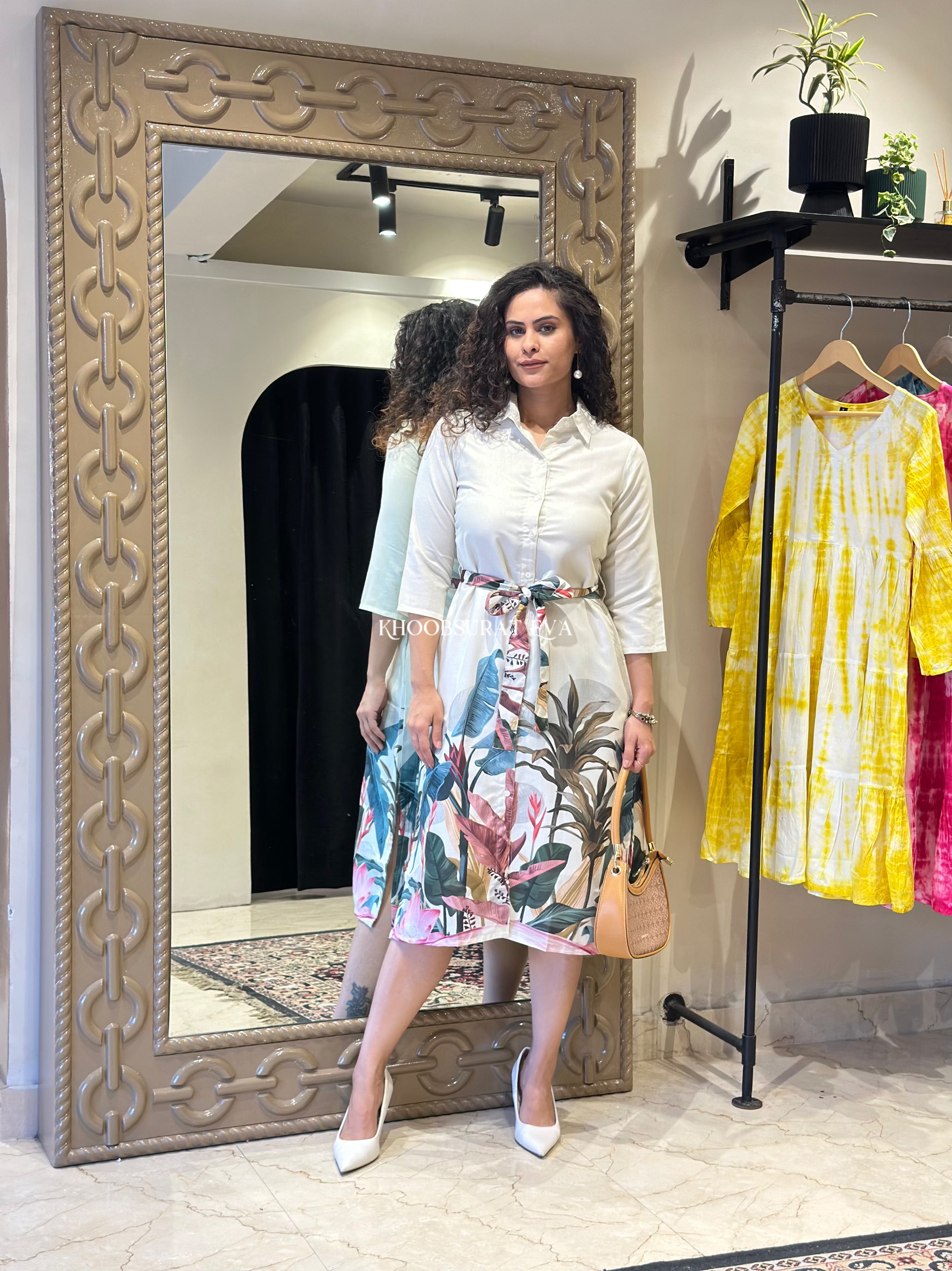 Elegant White Dress for Women - Flowy Bird Print Summer Dress for Outdoor Parties & Beach Vacations