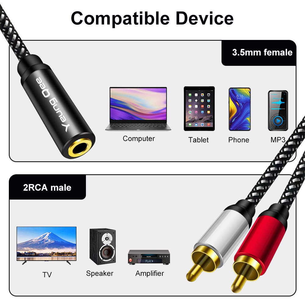 3.5mm Female to 2RCA Male Stereo Audio Y Adapter Cable - 6FT/2M High-Quality Audio Connector for TV, Smartphones, MP3, Tablets, Speakers & Home Theater - Perfect for Gaming, Music Streaming & Home Entertainment