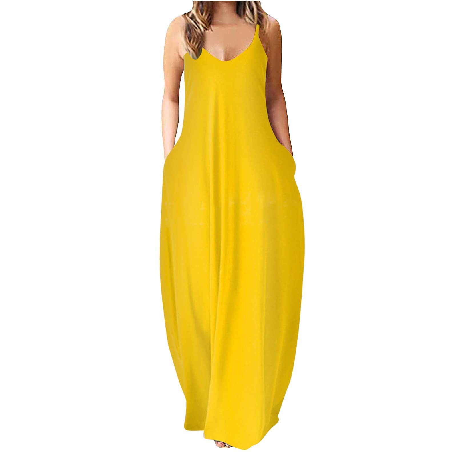 ZASUN Women's Maxi Dresses - Casual Sling Long Summer Dresses with Pockets, Solid Color Cami Beach Dress, Plus Size Flowy Sundress | Perfect for Beach Vacations, Pool Parties & Summer Outings
