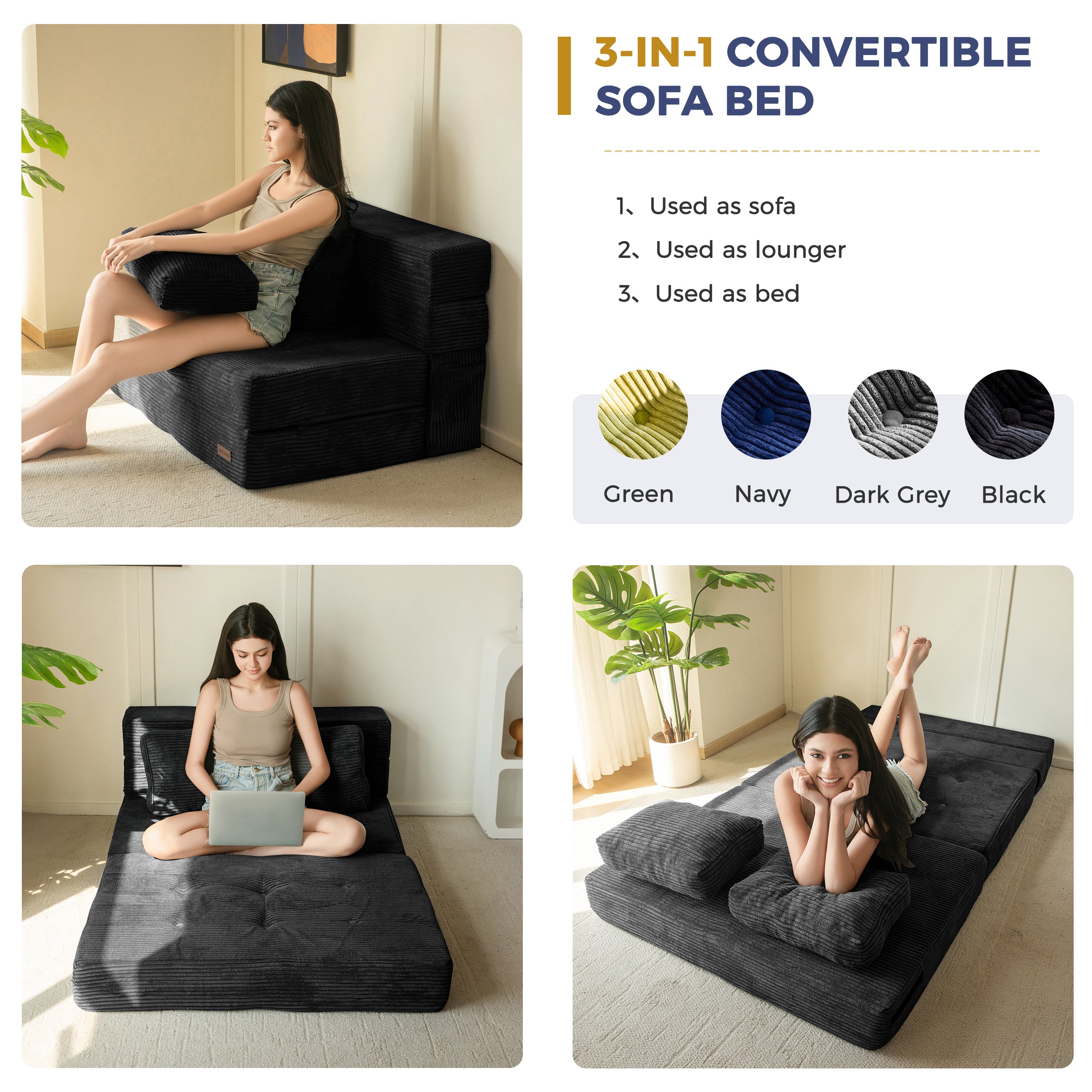 MAXYOYO 3-in-1 Convertible Sofa Bed - Fold Out Single Sleeper Sofa with Pillow, Folding Couch Bed & Foam Floor Couch for Living Room, Bedroom & Guest Room - Perfect for Small Spaces, Overnight Guests & Lounge Relaxation - Black
