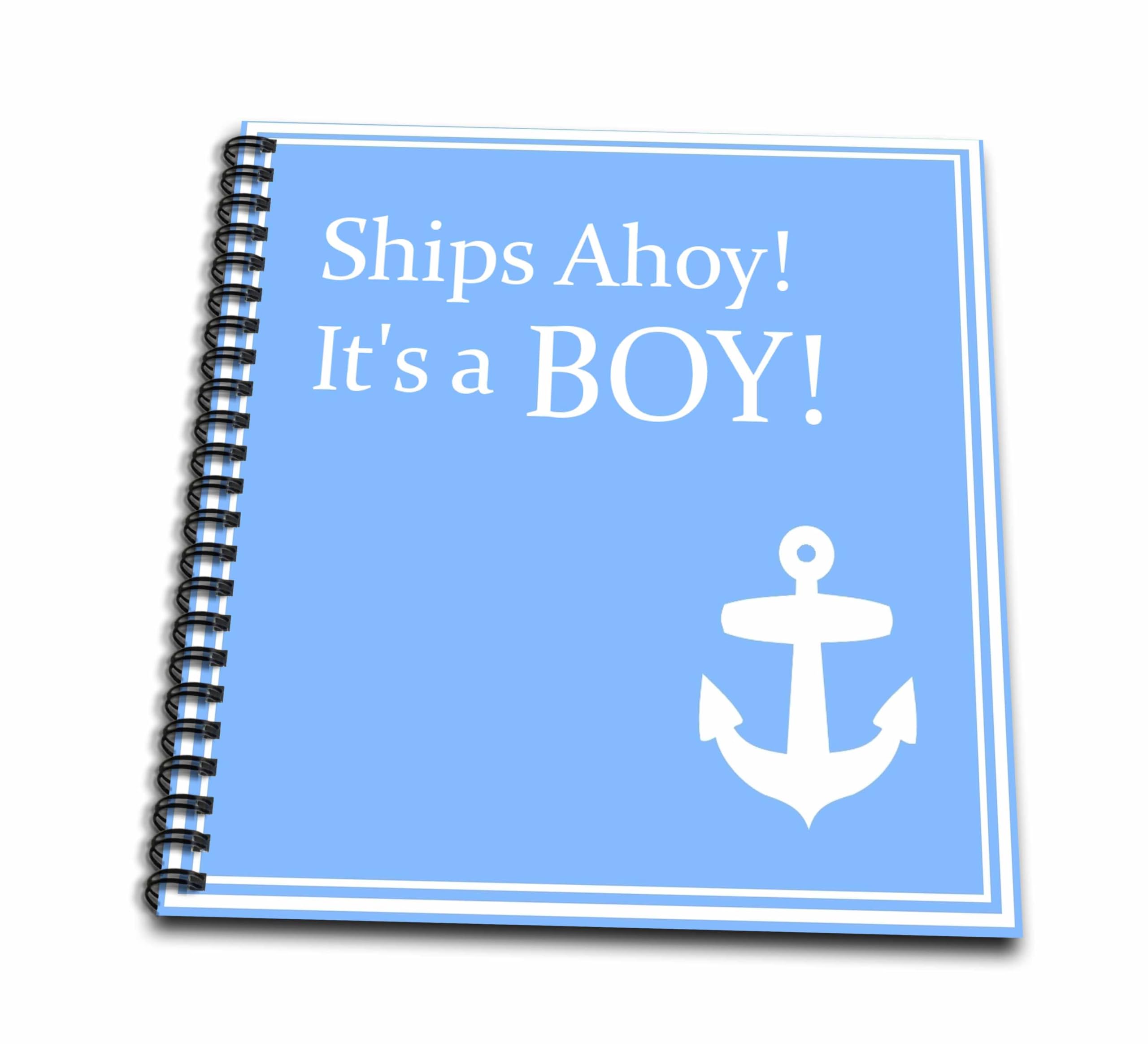 3D Rose Ships Ahoy Baby Shower Memory Book - Light Powder Blue with White Anchor Nautical Theme, 12
