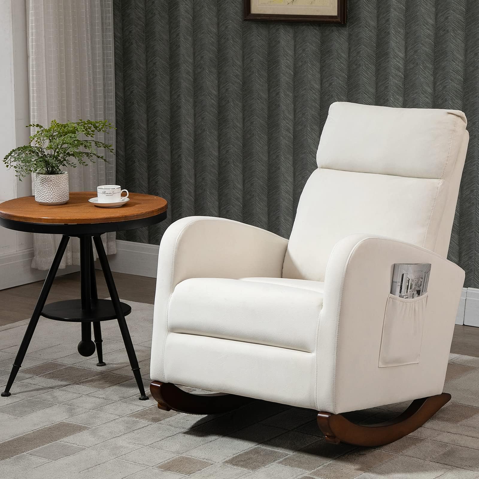 AVAWING Nursery Rocking Chair - Upholstered Glider Chair with Solid Wood Legs & Side Pockets - High Back Rocker for Living Room, Bedroom, Nursery (Beige) - Perfect for Breastfeeding, Reading & Relaxing