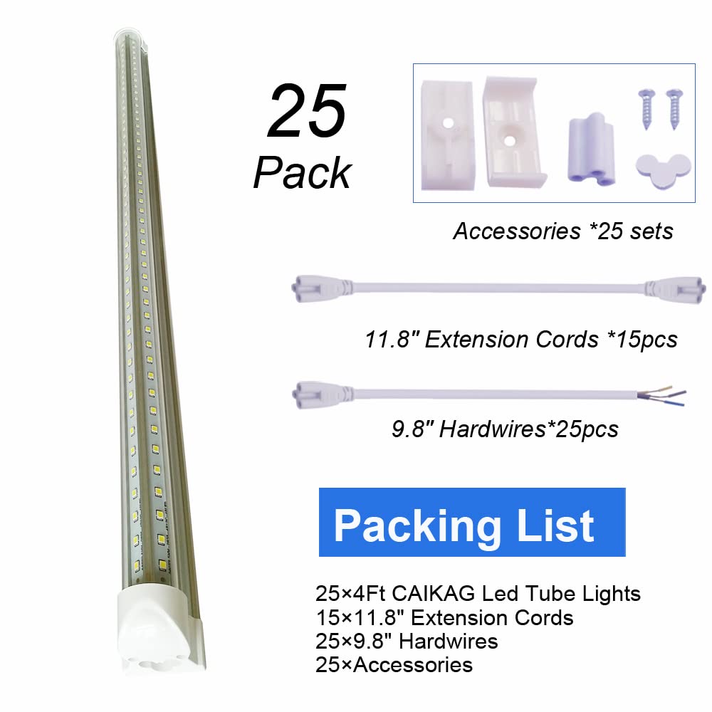 4Ft 48 Inch LED Shop Lights - 50W 6200lm Cool White (6200K) T8 Tube Light for Ceiling & Utility Areas - 25 Pack - Energy Efficient Commercial Lighting for Warehouses, Garages & Retail Stores - Ships from USA
