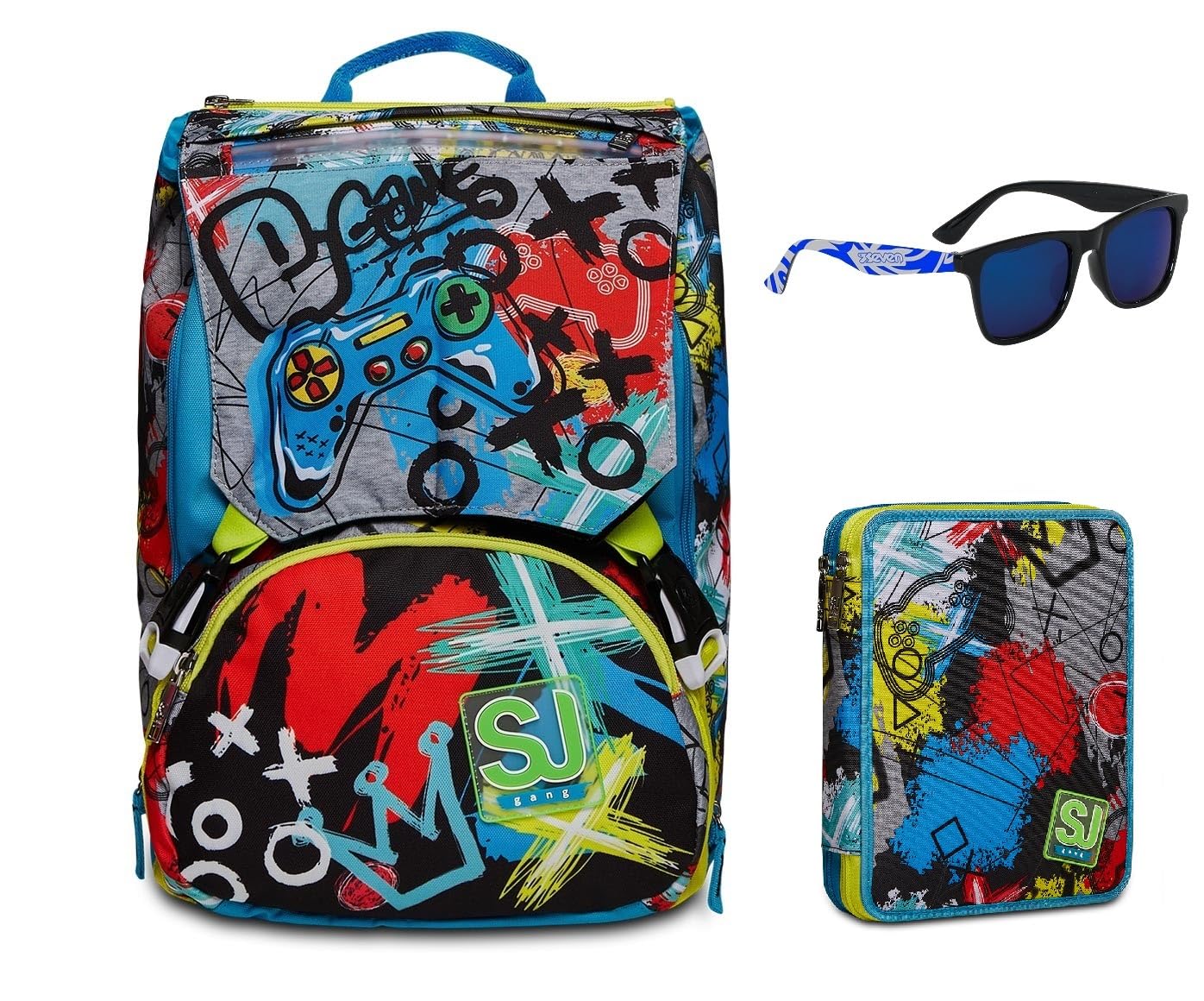 Expandable School Backpack BIG - GLITZLED BOY + Large Pencil Case - GLITZLED BOY + Kids Sunglasses Set | Perfect for School, Travel & Outdoor Activities