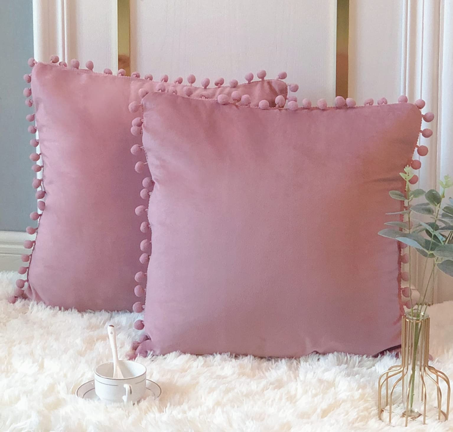 TZJULY 2-Pack Velvet Decorative Throw Pillow Covers with Pom Poms - 18x18 Inch Soft Square Cushion Covers for Couch, Bedroom, Living Room & Outdoor Decor - Blush Pink Farmhouse Style Home Accents