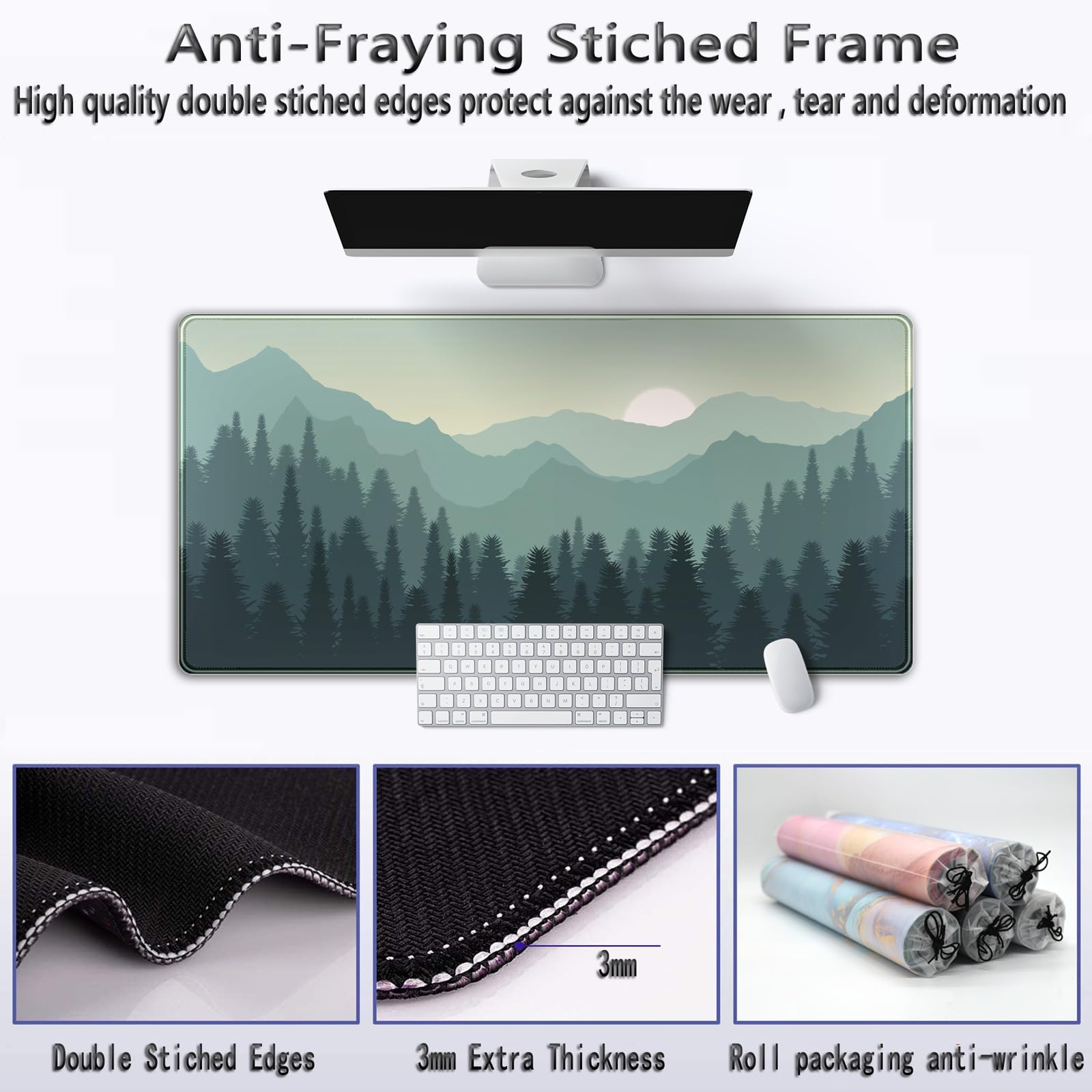 XXL Forest Green Gaming Mouse Pad - 31.5x15.7 Inch Extended Desk Mat with Sunset Mountains Landscape for Keyboard & Computer | Perfect for Office, Gaming & Home Workspace