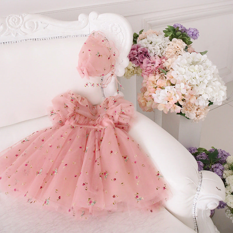 Pink Lace Princess Flower Girl Dress with Puff Sleeves & Bow - Elegant Toddler Formal Dress for Weddings, Baptisms & Special Occasions