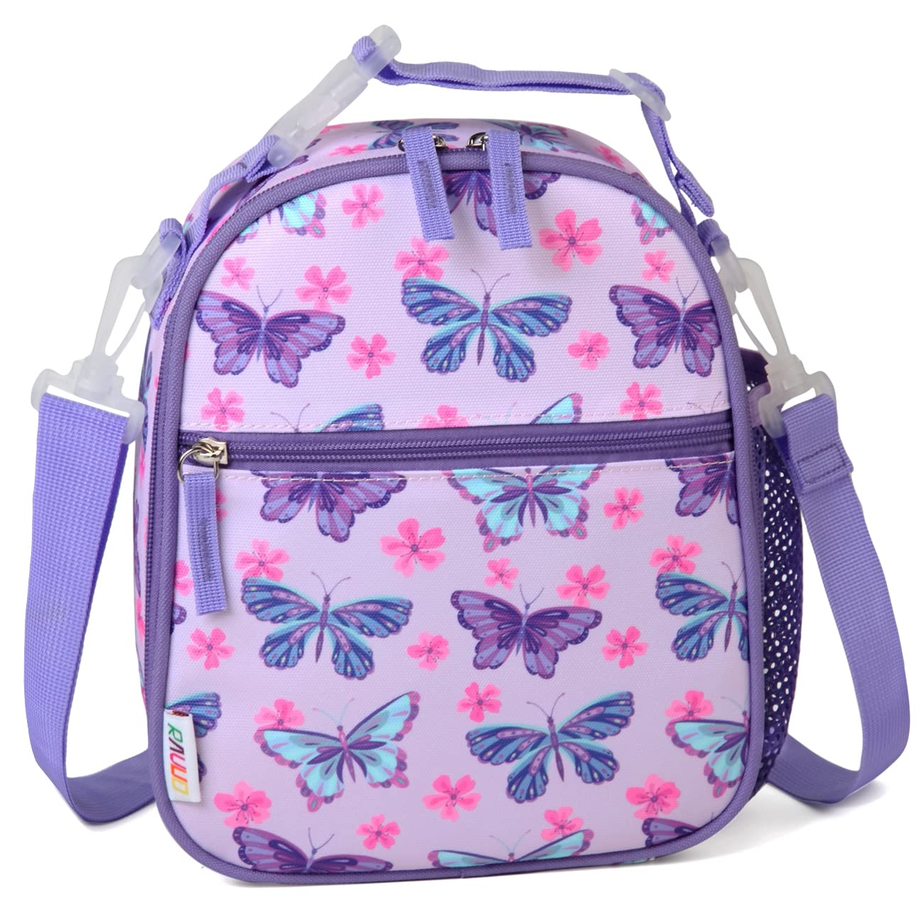 RAVUO Insulated Lunch Bag for Girls - Cute Butterfly Design with Adjustable Strap & Bottle Holder, Thermal Cooler Lunch Box for School, Work, Picnic, and Outdoor Activities