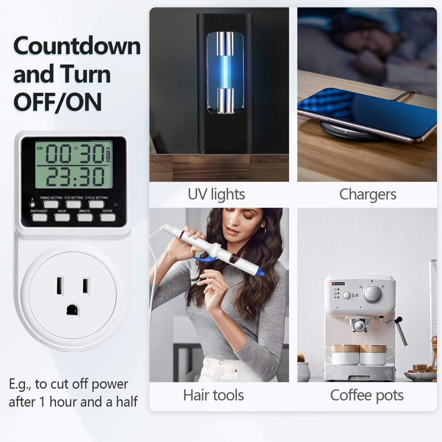 Techbee Digital Programmable Outlet Timer Plug - 24 Hour Countdown, 15A/120V Indoor Electrical Timer Switch with ON/OFF Delay & Repeat Cycle - Perfect for Holiday Lights, Aquariums, and Home Appliances