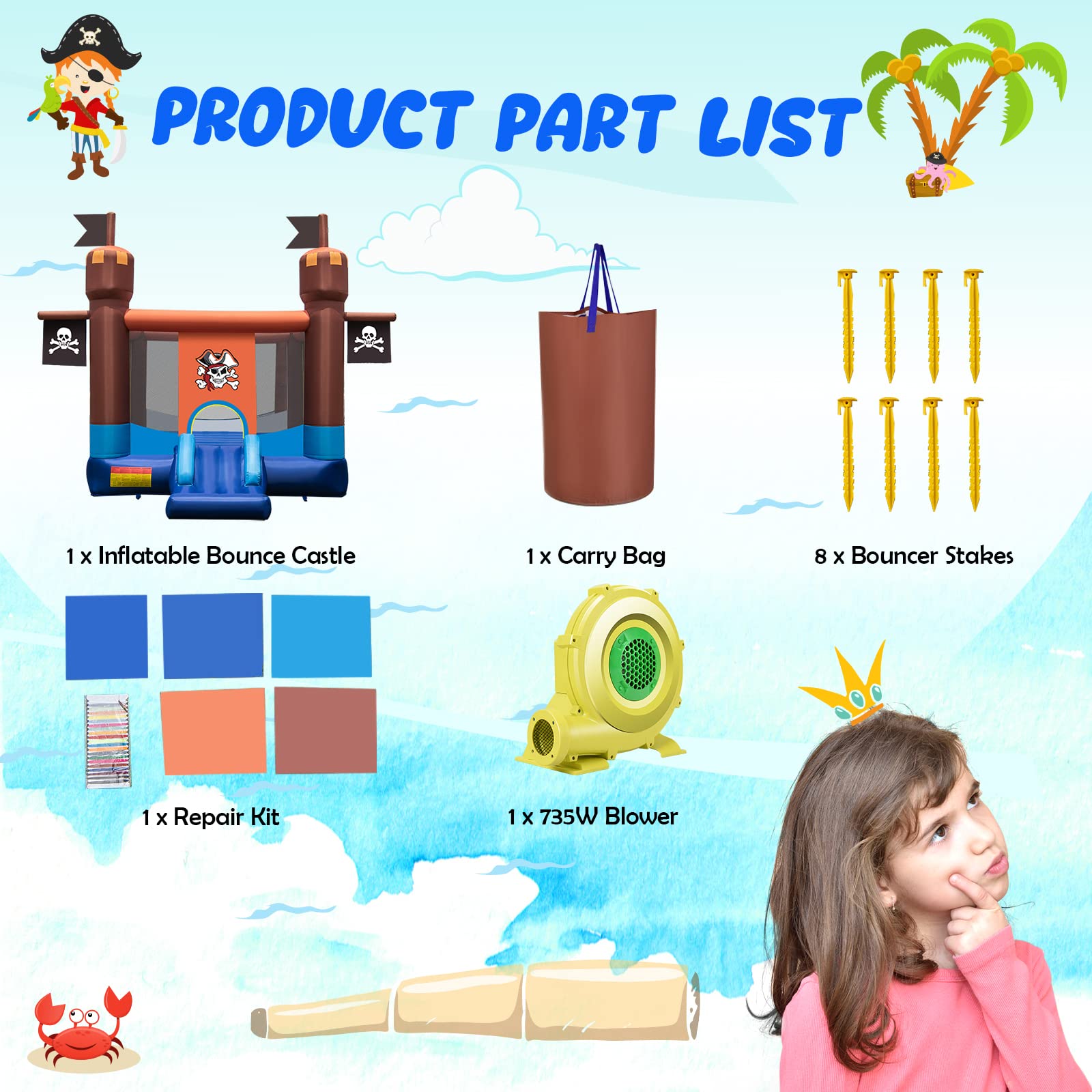 BOUNTECH Pirate Theme Inflatable Bounce Castle for Kids Ages 5-12 - Large Bouncy House with 735W Blower for Indoor & Outdoor Birthday Parties, Backyard Fun, and Toddler Play (Perfect for Birthday Gifts, Summer Events, and Family Gatherings)