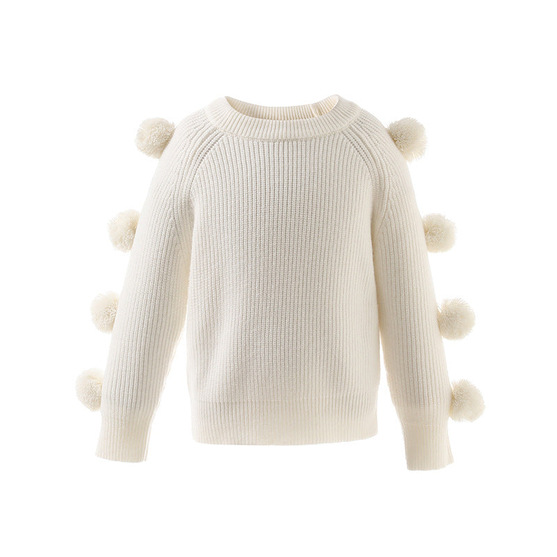 Kids' Round Neck Long Sleeve Sweater with Fur Ball Trim - Cozy Winter Pullover for Boys & Girls | Perfect for School, Playdates & Family Outings