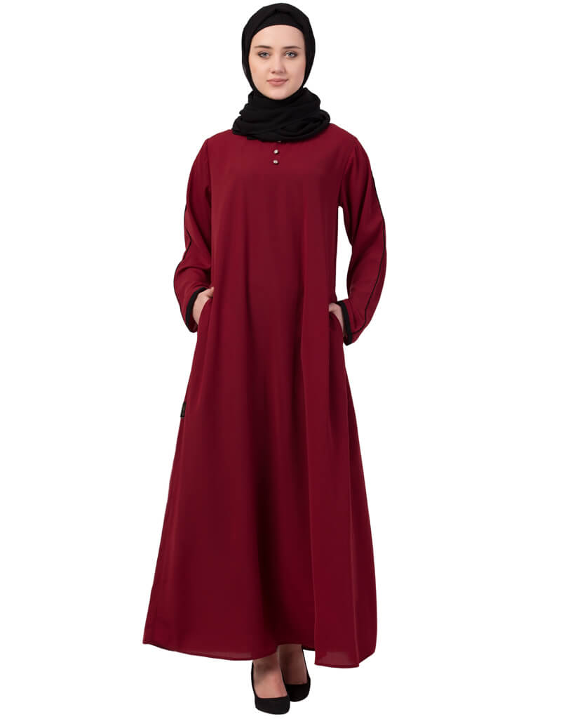 Elegant Maroon Casual Abaya with Arabic Contrast Piping Sleeves - Perfect for Daily Wear, Prayer, and Special Occasions