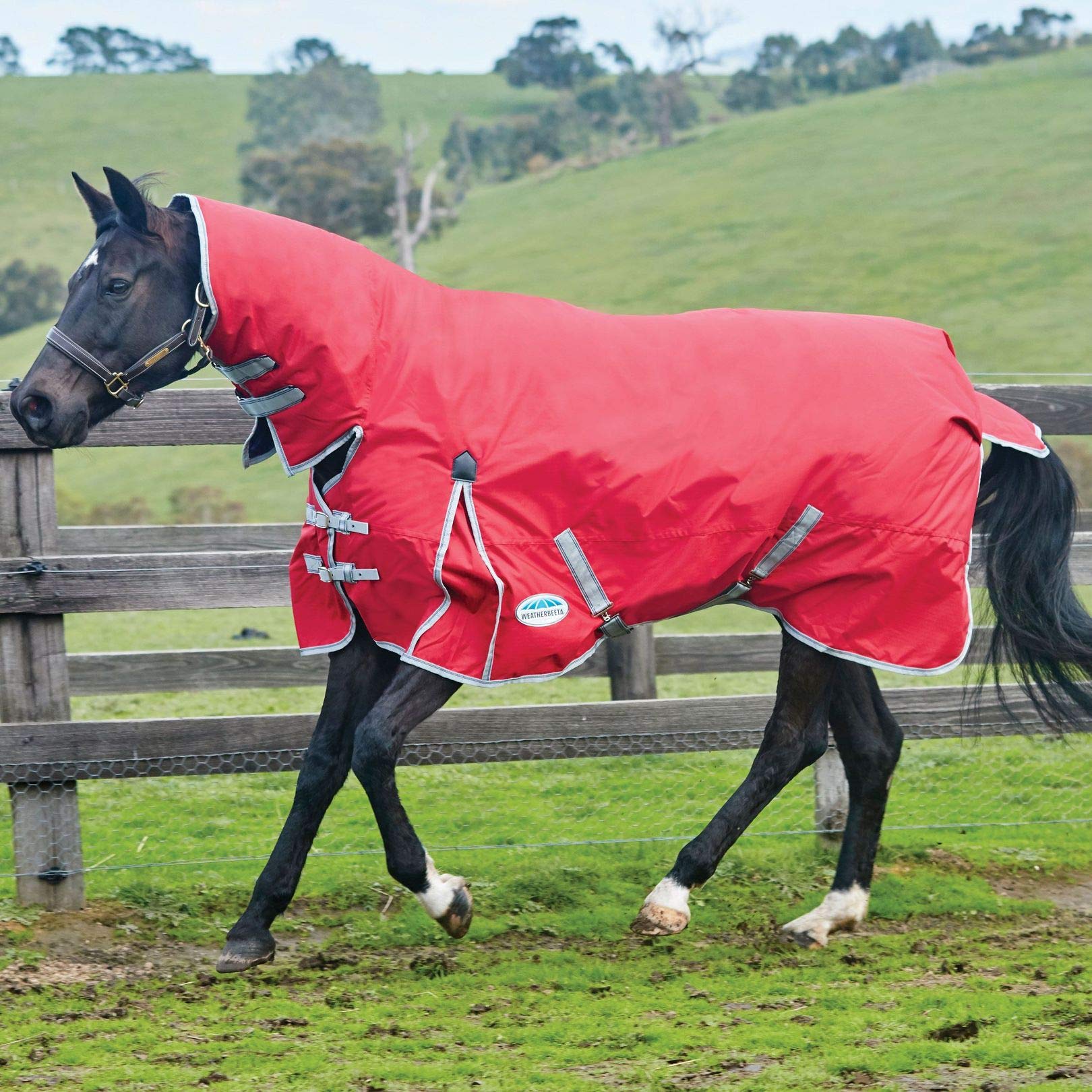 WeatherBeeta ComFiTec Classic Combo Neck Medium Horse Blanket - Waterproof, Breathable & Adjustable for All Seasons - Red/Silver/Navy, 81 Inch - Perfect for Riding, Training & Stable Use
