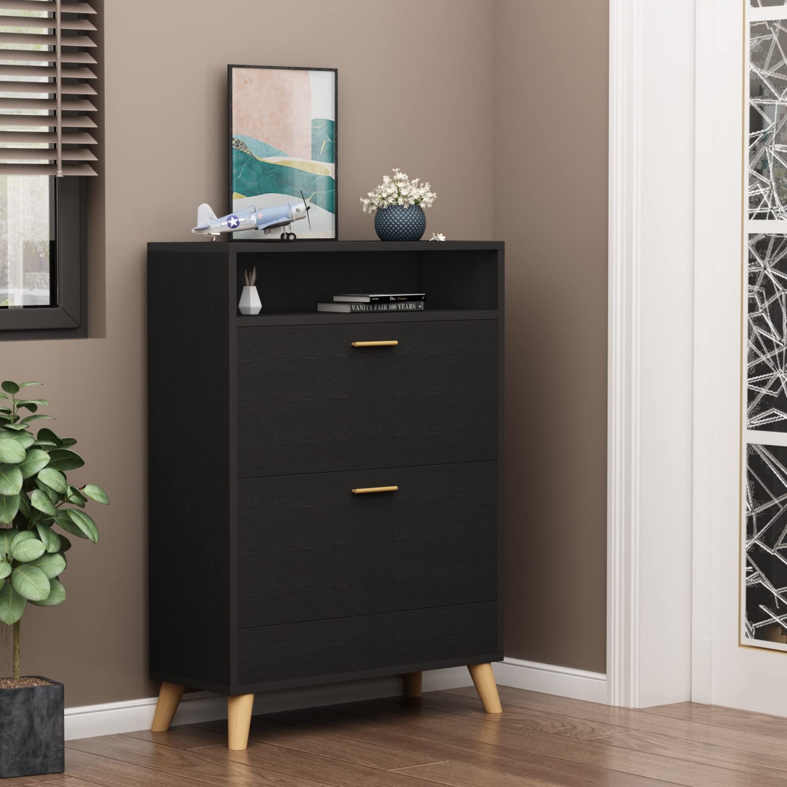 16-Pair Shoe Storage Cabinet with 2 Flip Drawers - 3-Tier Free Standing Shoe Organizer for Entryway, Narrow Hidden Shoe Rack with Doors (Dark Black) - Perfect for Small Spaces, Closet Organization & Entryway Storage