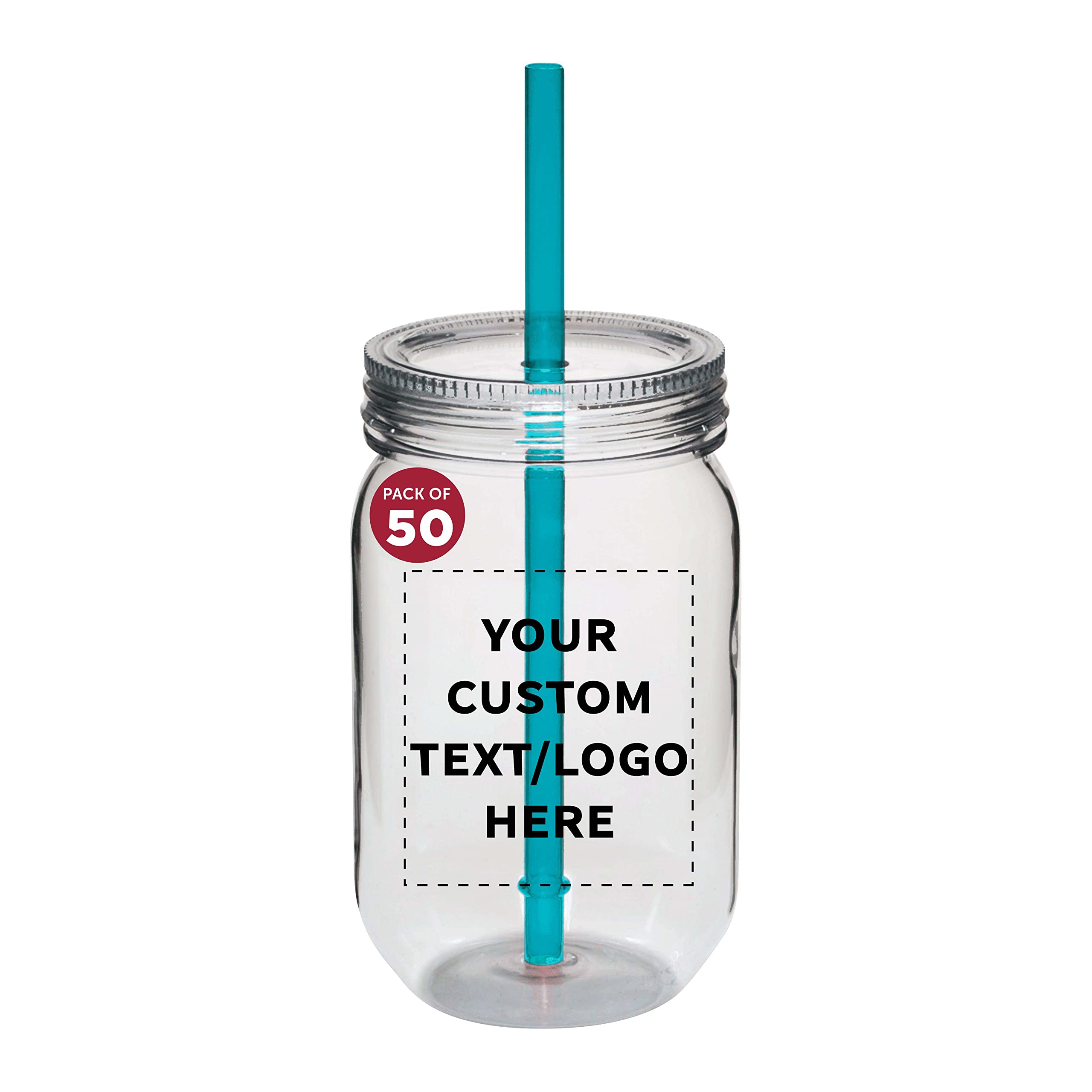 Custom 24 oz Plastic Mason Jars with Straws - Bulk Pack of 50 Personalized Drink Containers for Overnight Oats, Candies, Pickles & Beverages | Reusable BPA-Free Jars for Parties, Picnics, Meal Prep & Home Storage (Aqua Color)
