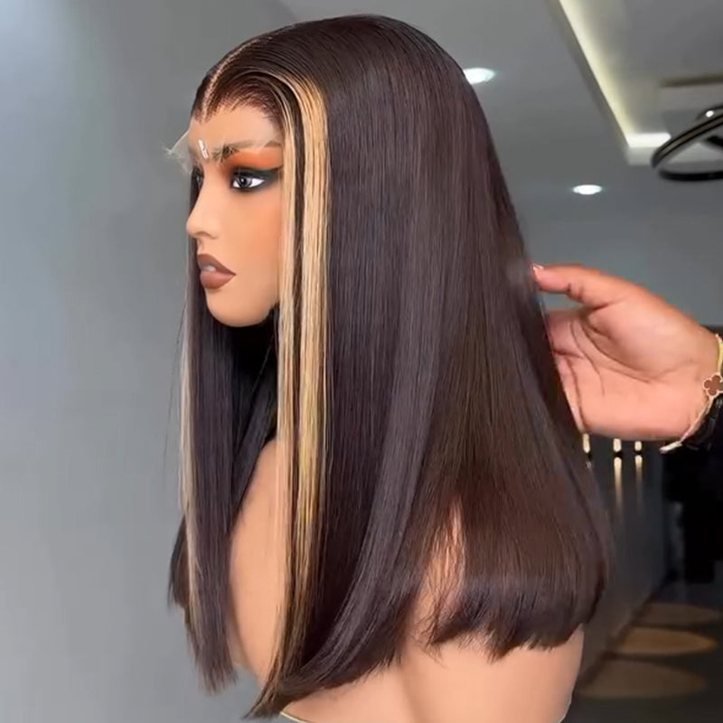 Eullair Honey Blonde Skunk Stripe Straight Human Hair Lace Frontal Wig - Medium Length 18-24 Inch Glueless Lace Wigs for Women | Perfect for Daily Wear, Cosplay & Special Occasions