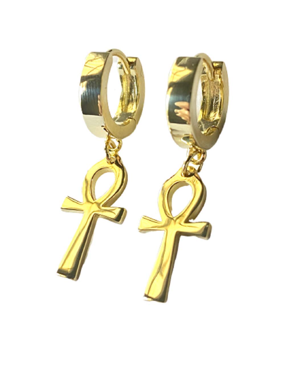 14K Gold Over Silver Ankh Cross Hoop Earrings for Men & Women - Iced Out Stud Earrings with Latch Lock | Hip Hop Jewelry, Gift for Him/Her, Perfect for Parties, Concerts & Everyday Wear