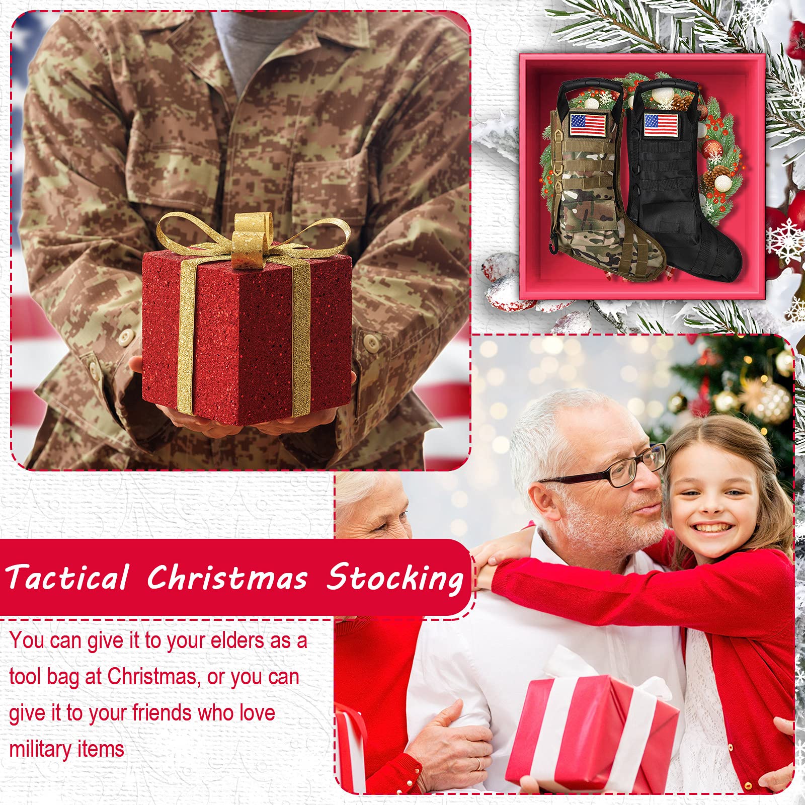 WILLBOND 2-Pack Tactical Military Christmas Stockings with American Flag Patches - MOLLE Compatible Gear Pouches for Holiday Decorations | Perfect for Xmas Tree Hanging, Fireplace Mantel Decor & Military-Themed Home Decor (Classic Style)