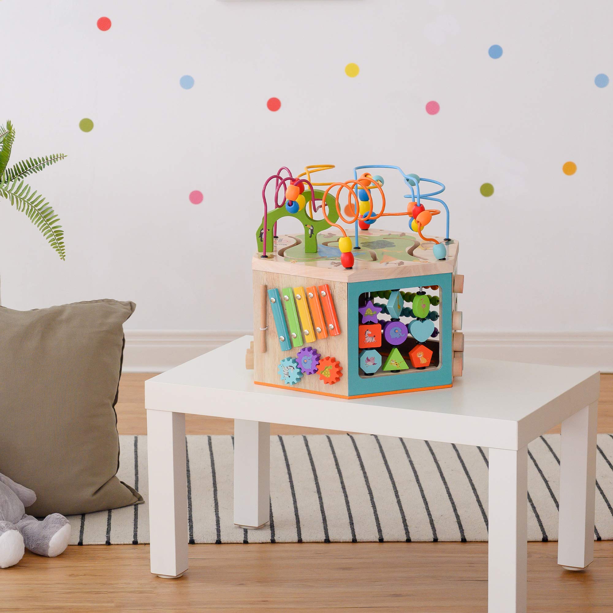 Teamson Kids Preschool Play Lab 7-in-1 Large Wooden Activity Cube - Bead Maze, Counting Toys & Learning Station for Toddlers & Babies (Natural Wood) - Perfect for Early Childhood Development & Montessori Playrooms