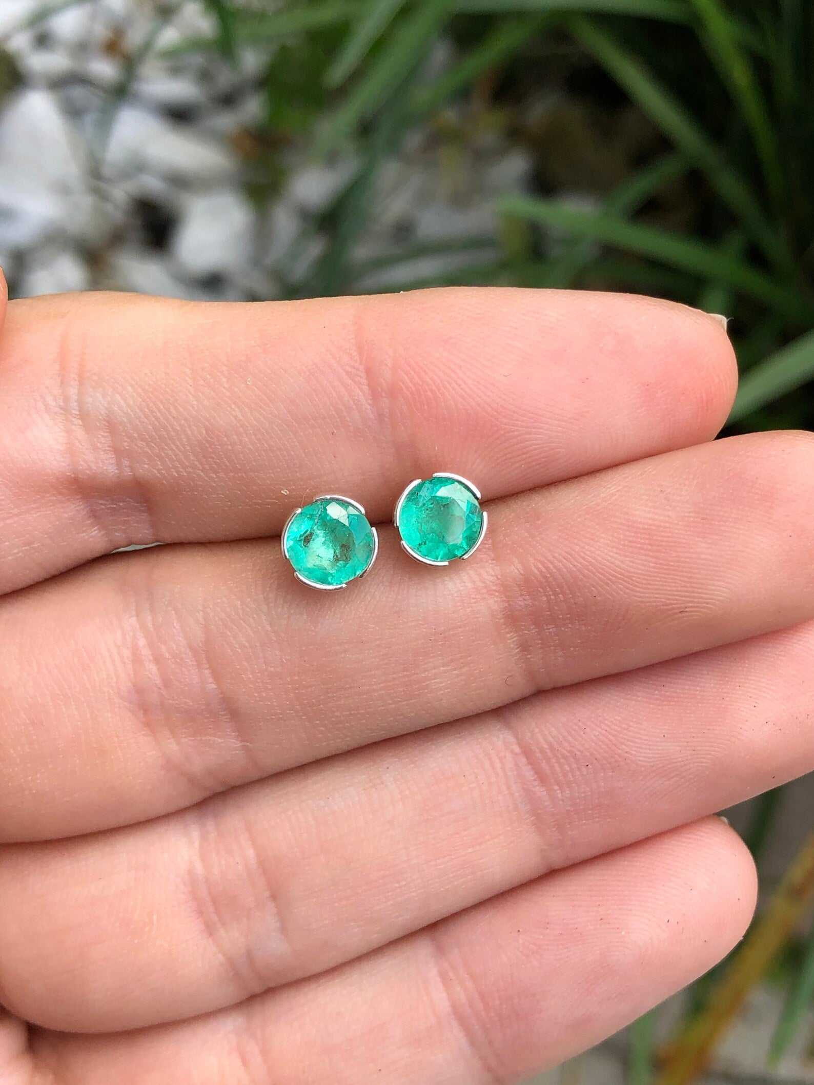 1.50tcw Round Natural Emerald Silver Stud Earrings - Dainty Semi Bezel Setting for Women - Perfect for Everyday Wear, Office & Special Occasions