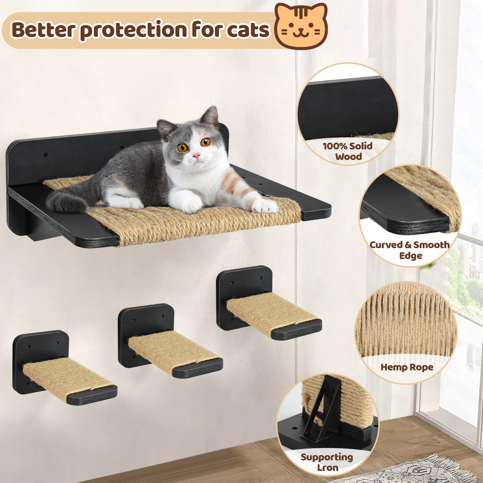 Premium Cat Wall Shelves & Hammock Set - 3-Tier Climbing Perches with Hemp Rope Scratching Posts | Wall-Mounted Cat Furniture for Indoor Cats | Perfect for Play, Rest & Vertical Space Exploration