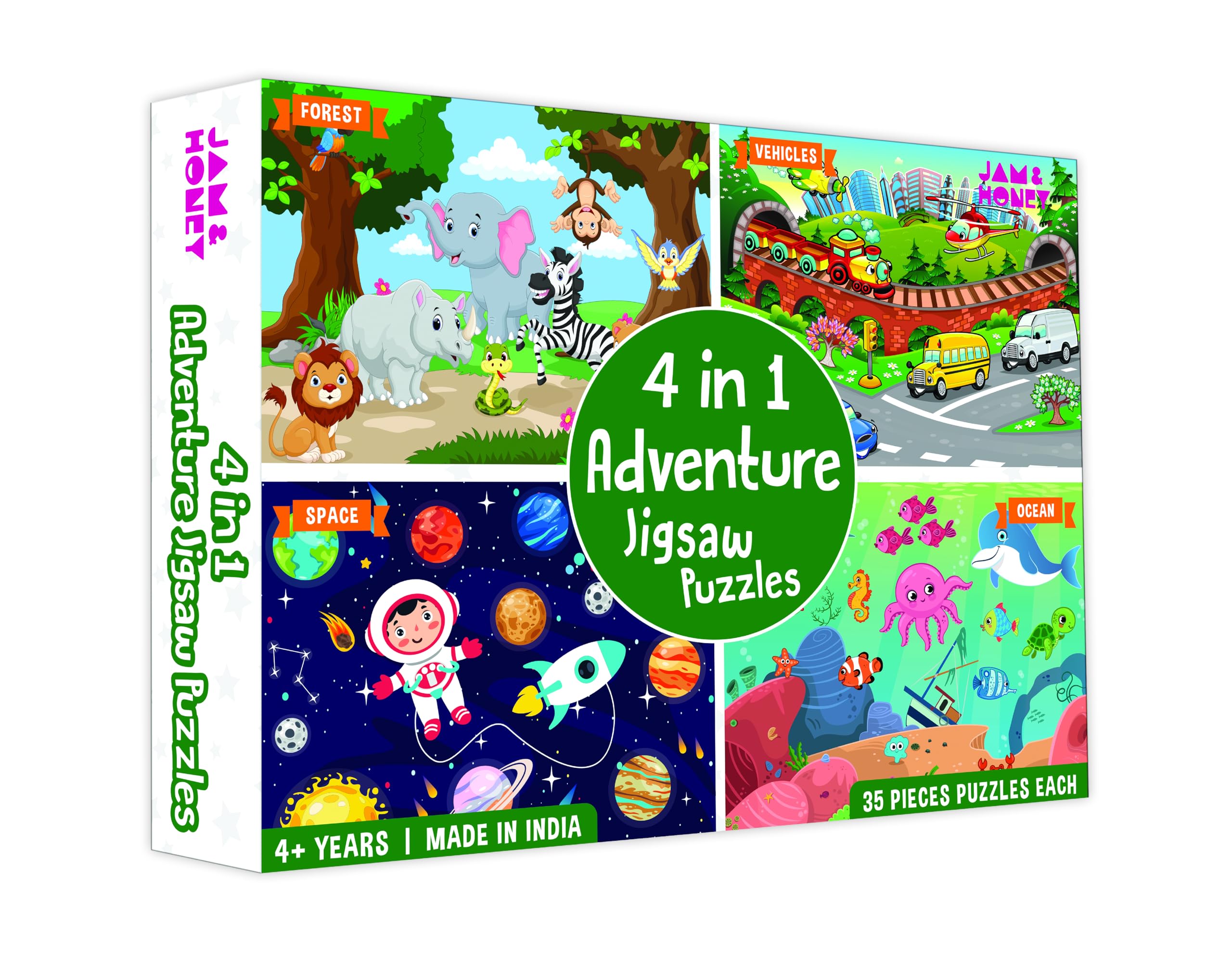 Amazon Brand - Jam & Honey 4-in-1 Adventure Puzzle Set for Kids | 35-Piece Educational Jigsaw Puzzle Toy | Cognitive Development & Learning Activity | Bright Vibrant Colors | Perfect for Family Game Night & Preschool Learning