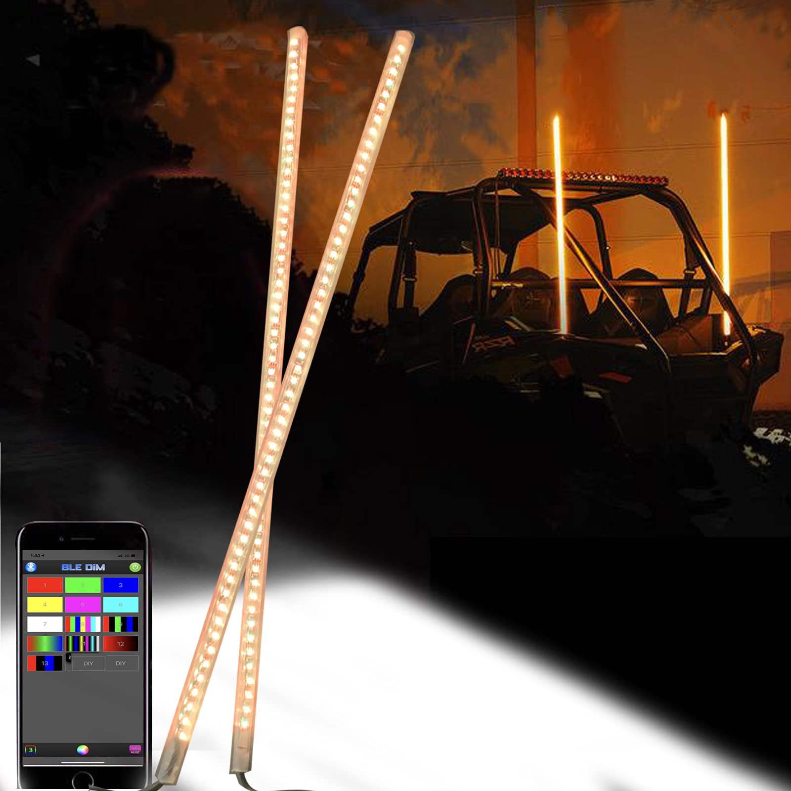 2PC 5ft LED Whip Lights - Bluetooth App Controlled RGB Color Changing Off-Road Lights for UTV, ATV, RZR, Sand Dune Buggy & Truck - Perfect for Night Riding, Camping & Off-Road Adventures