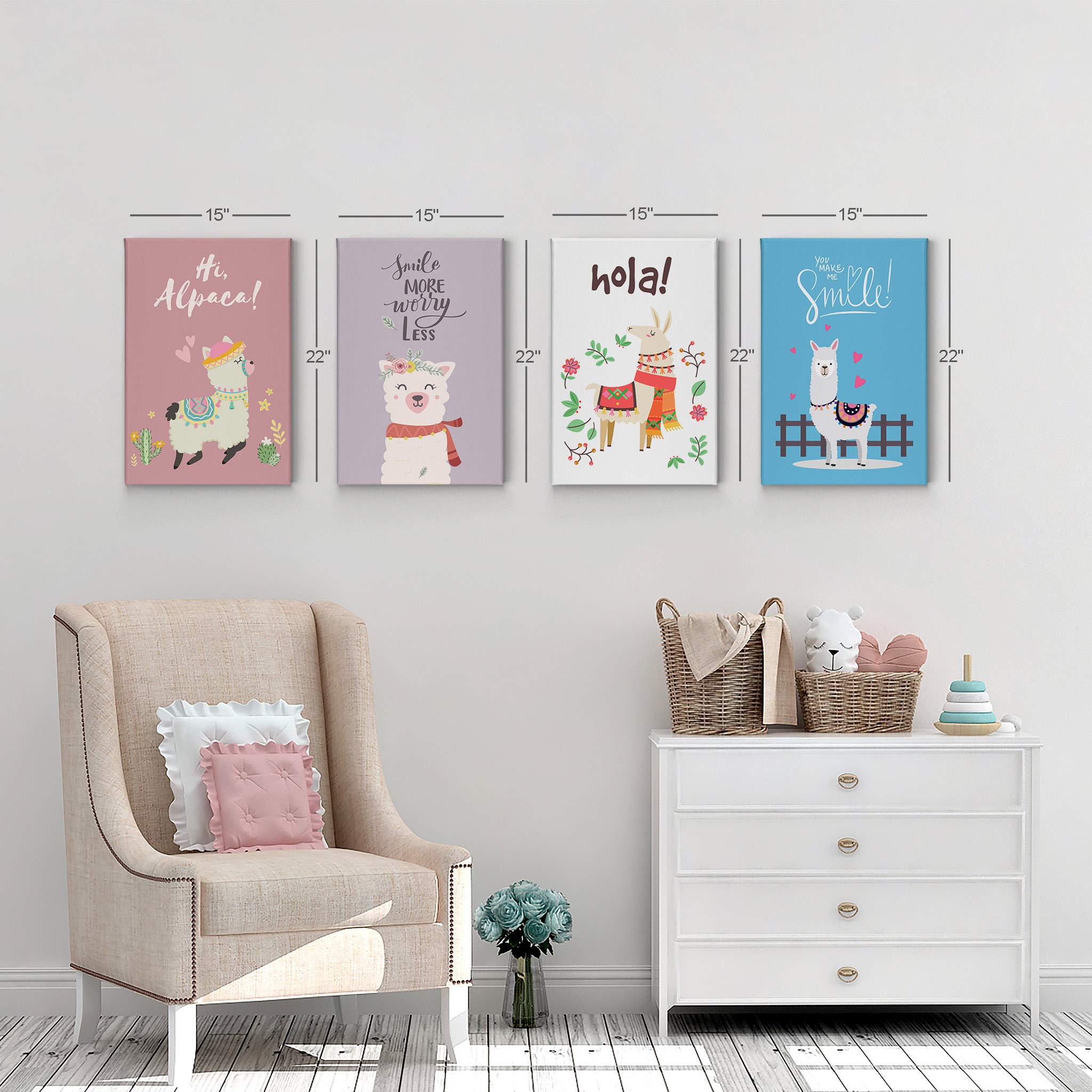 Smile Art Design Cute Alpaca Canvas Print Set - Pink, Purple, White & Blue Background - 4 Piece Kids Room Wall Art Decor for Baby Boy & Girl - Ready to Hang - Made in USA (22x15) - Perfect for Nursery, Bedroom & Playroom Decorations