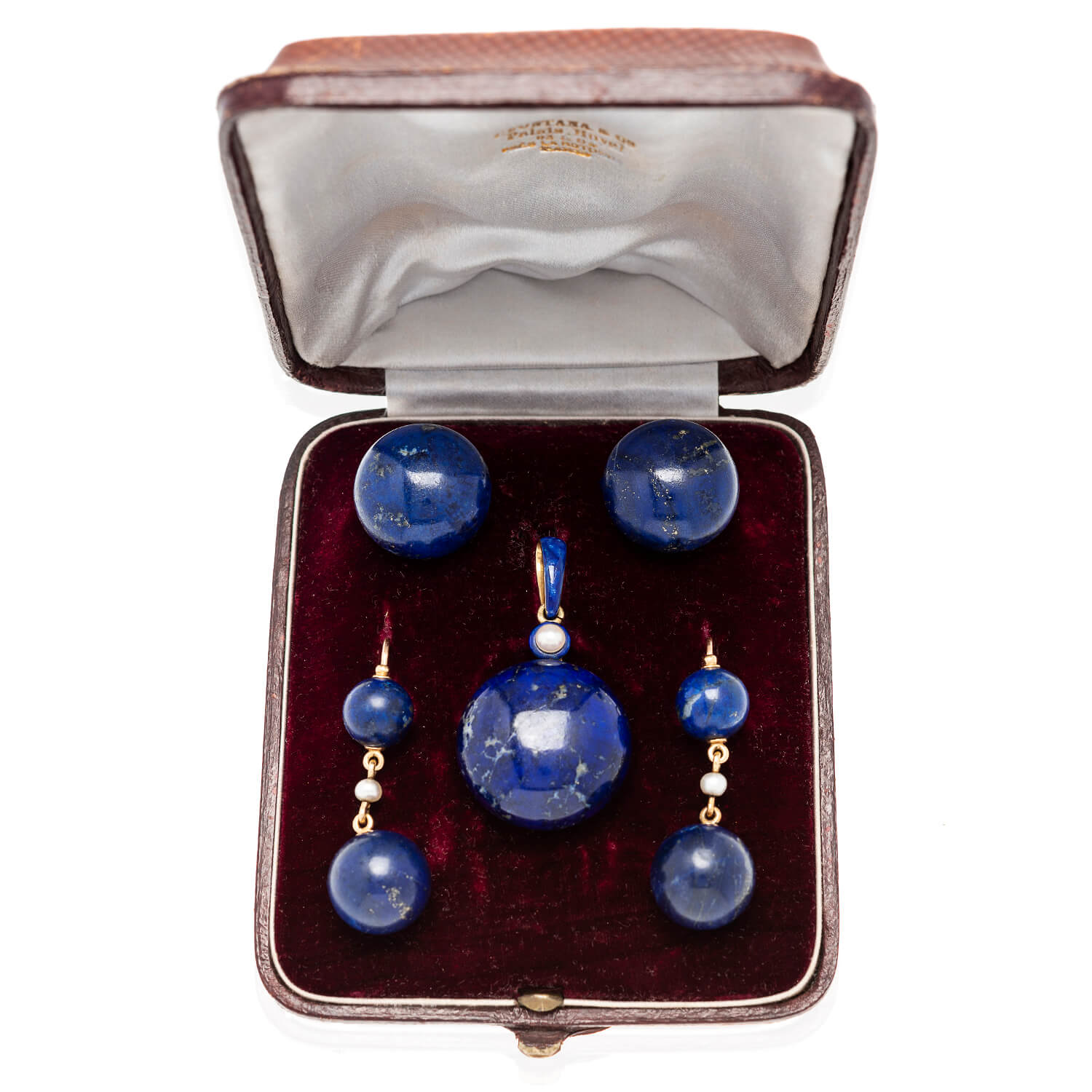 Exquisite Victorian Style 18K Gold Pearl Enamel & Carved Lapis Lazuli Jewelry Set - Earrings, Pendant & Buttons for Weddings, Parties & Special Occasions