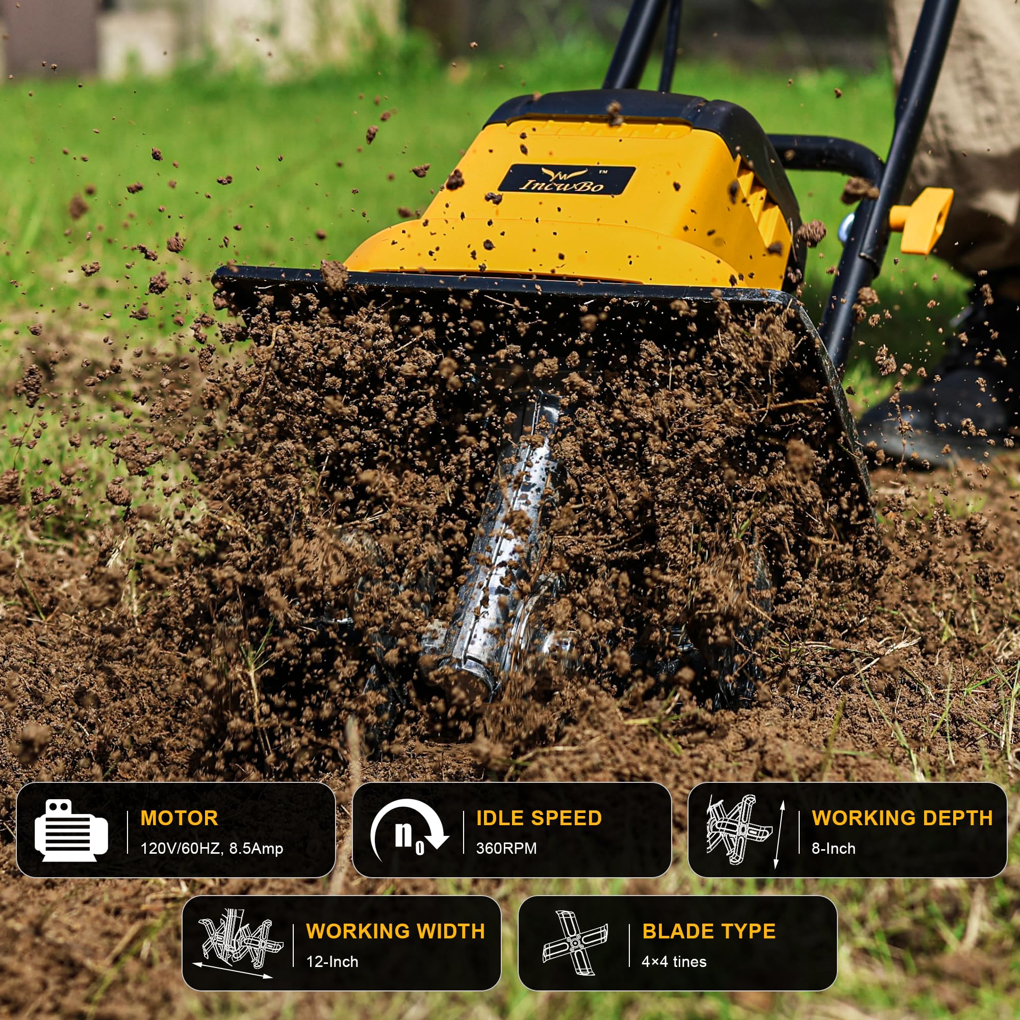 8.5AMP 12-Inch Electric Garden Tiller Cultivator - 360 RPM Corded Rototiller with 8-Inch Tilling Depth & LT-201D Socket for Soil Cultivation, Weeding & Landscaping | Perfect for Home Gardens, Flower Beds & Vegetable Patches