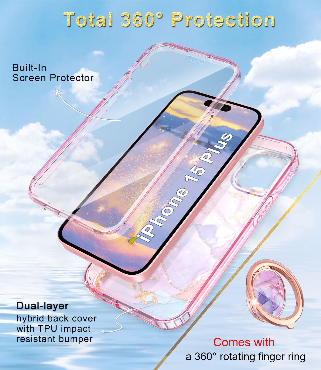 BTS Case for iPhone 15 Plus 6.7 Inch - Shockproof Rugged Protective Cover with Built-in Screen Protector & 360° Ring Holder Kickstand | Full Body Dual Layer Defense | Perfect for Outdoor Activities, Travel & Daily Use (Pink)