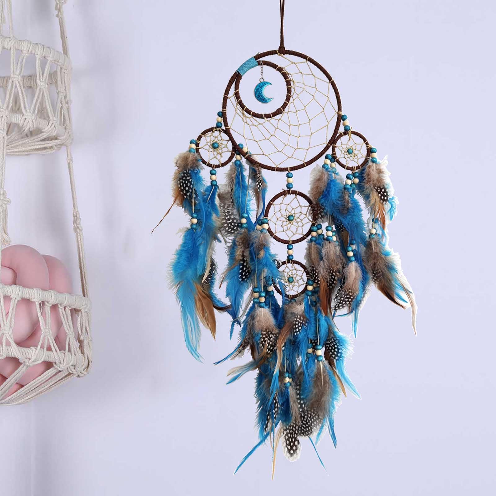 Blue Moon Dream Catchers - Handmade Native American Wall Hanging for Girls, Adults & Kids Bedroom Decor | Large Boho Dreamcatcher with Beads & Feathers | Perfect Spiritual Gift for Birthdays, Baby Showers & Home Decoration