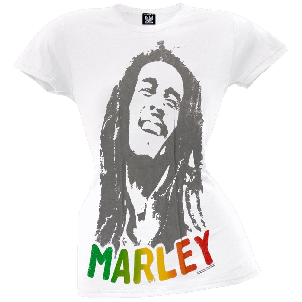 Bob Marley Women's Smile Graphic T-Shirt - Large White Cotton Tee for Casual Wear & Music Festival Outfits