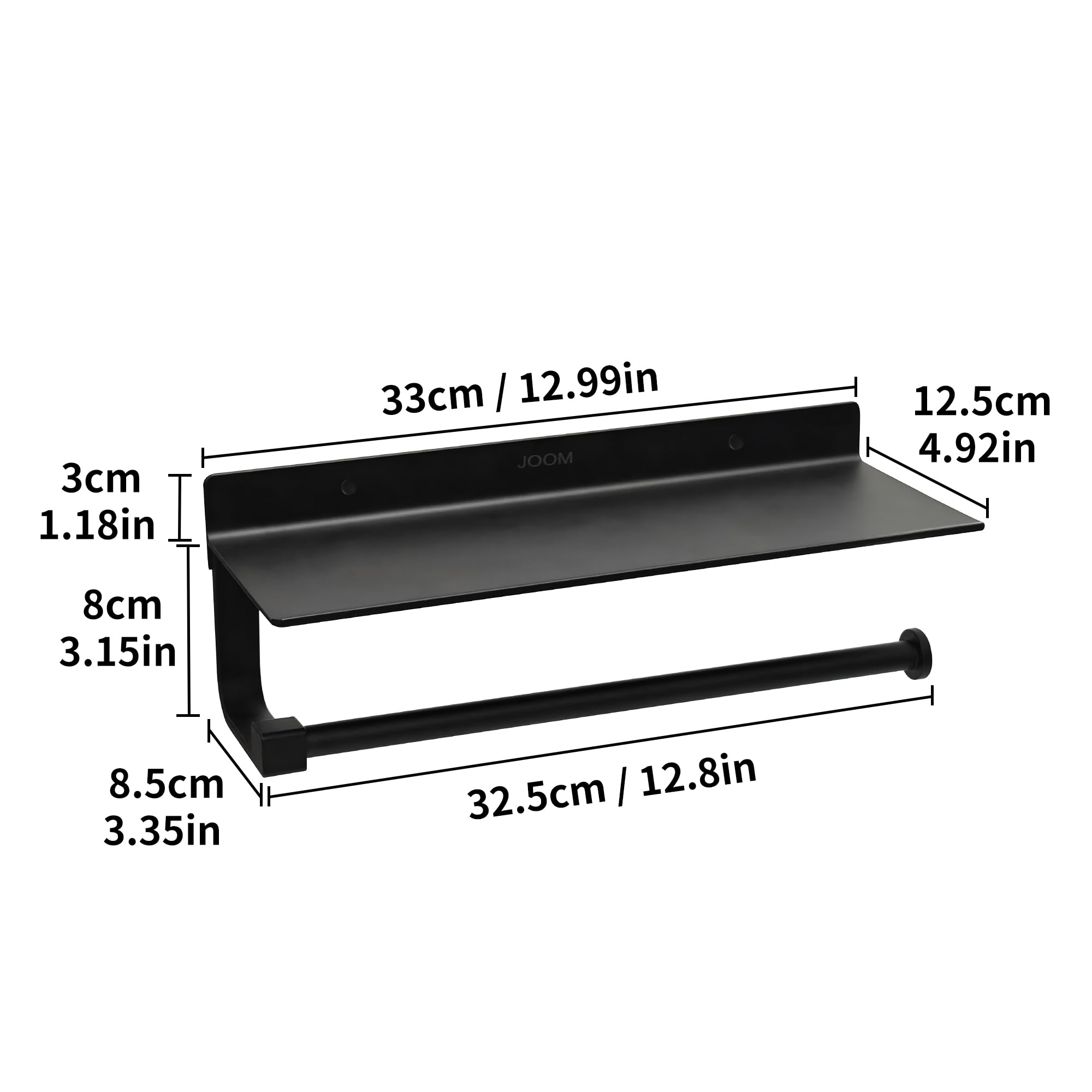 JOOM Black Wall Mounted Hand Towel Holder with Shelf - Bathroom & Kitchen Paper Towel Organizer - Perfect for Small Spaces, RVs, and Laundry Rooms