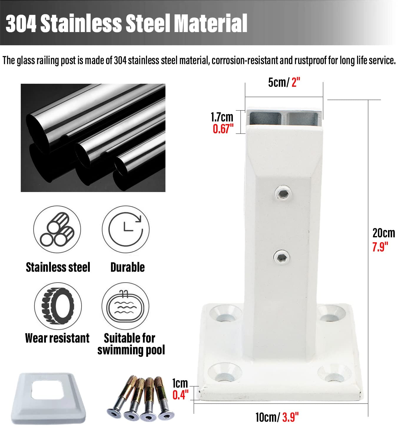 Stainless Steel Square Glass Spigot Clamp - 20cm Tall Balustrade Railing Clamp for 10-12mm Glass - Pool, Garden, Stairs, Balcony & Glass Fence Installation (8PCS, White) - Perfect for Home & Commercial Glass Railing Projects