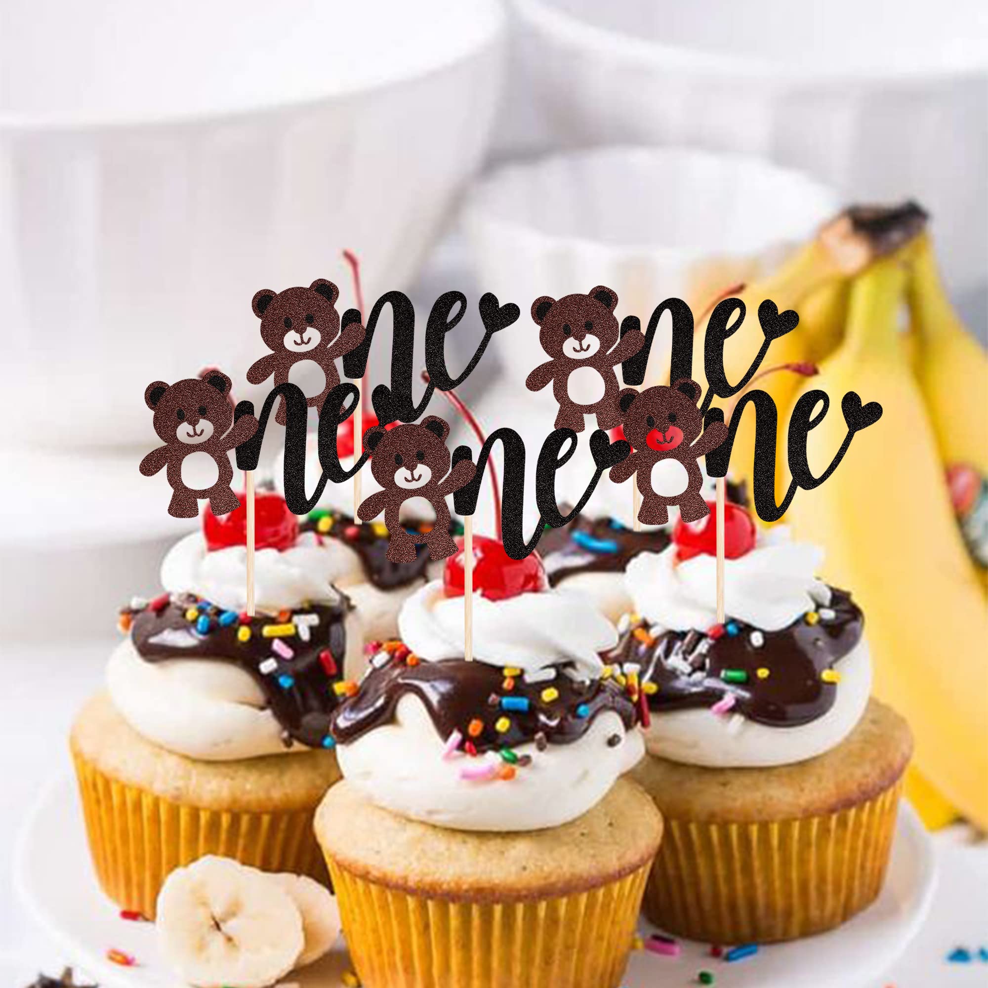 24 Pack Glitter Bear Cupcake Toppers - Baby First Birthday, Baby Shower Cake Decorations - 1st Birthday Party Supplies for Kids - Perfect for Birthday Cakes, Cupcakes, and Dessert Table Decorations