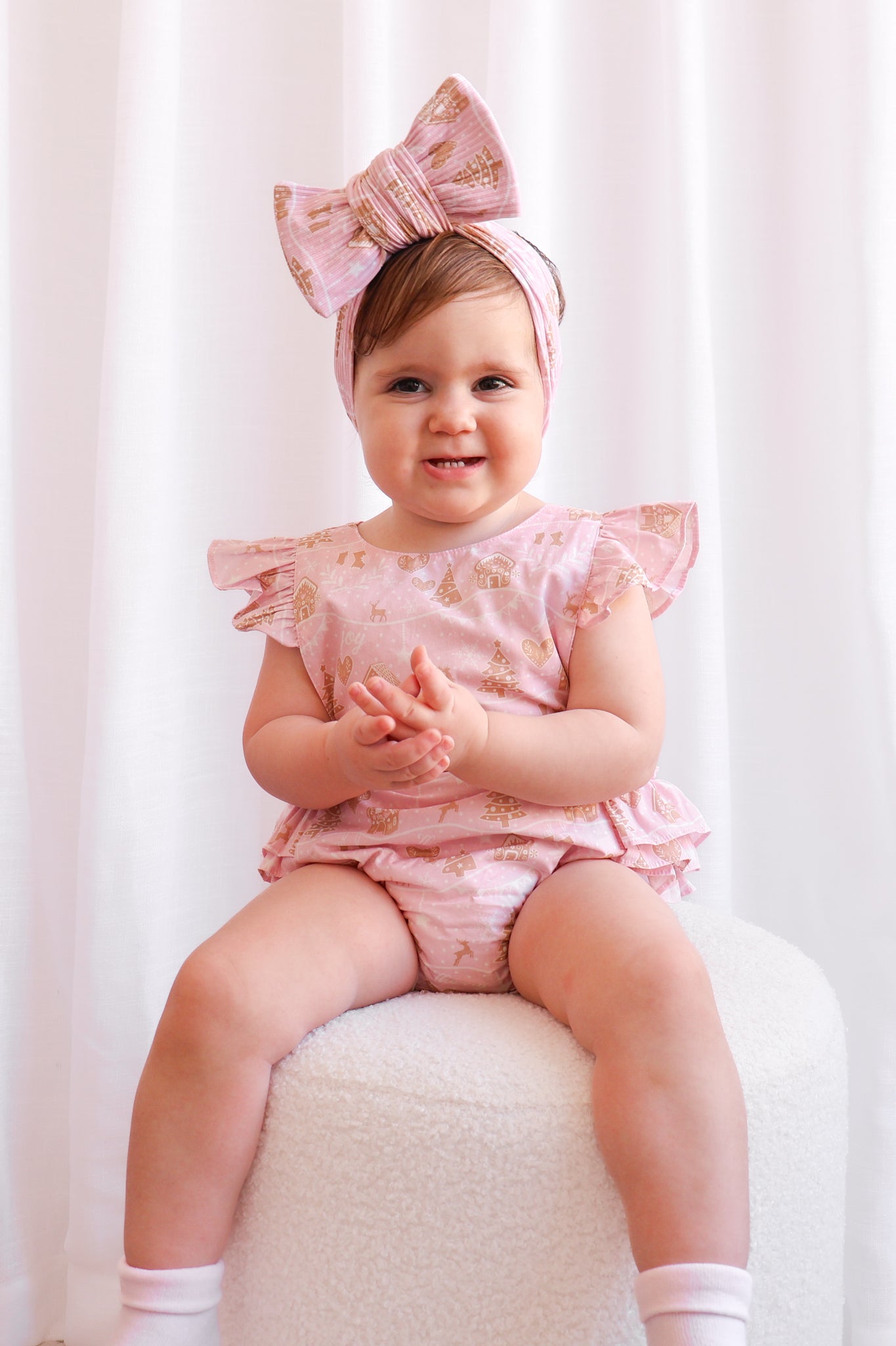 Pink Ruffle Sunsuit for Baby Girls - Christmas Village Holiday Outfit | Perfect for Holiday Photos, Parties & Festive Celebrations