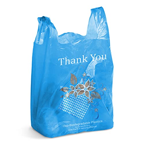 400 Pack OXO-Biodegradable Thank You Plastic Bags 18x8x32 Inches - Blue Heavy Duty 18 Micron T-Shirt Carry Out Bags | Eco-Friendly Preprinted Retail & Restaurant Shopping Bags for Grocery Stores, Takeout, and Events