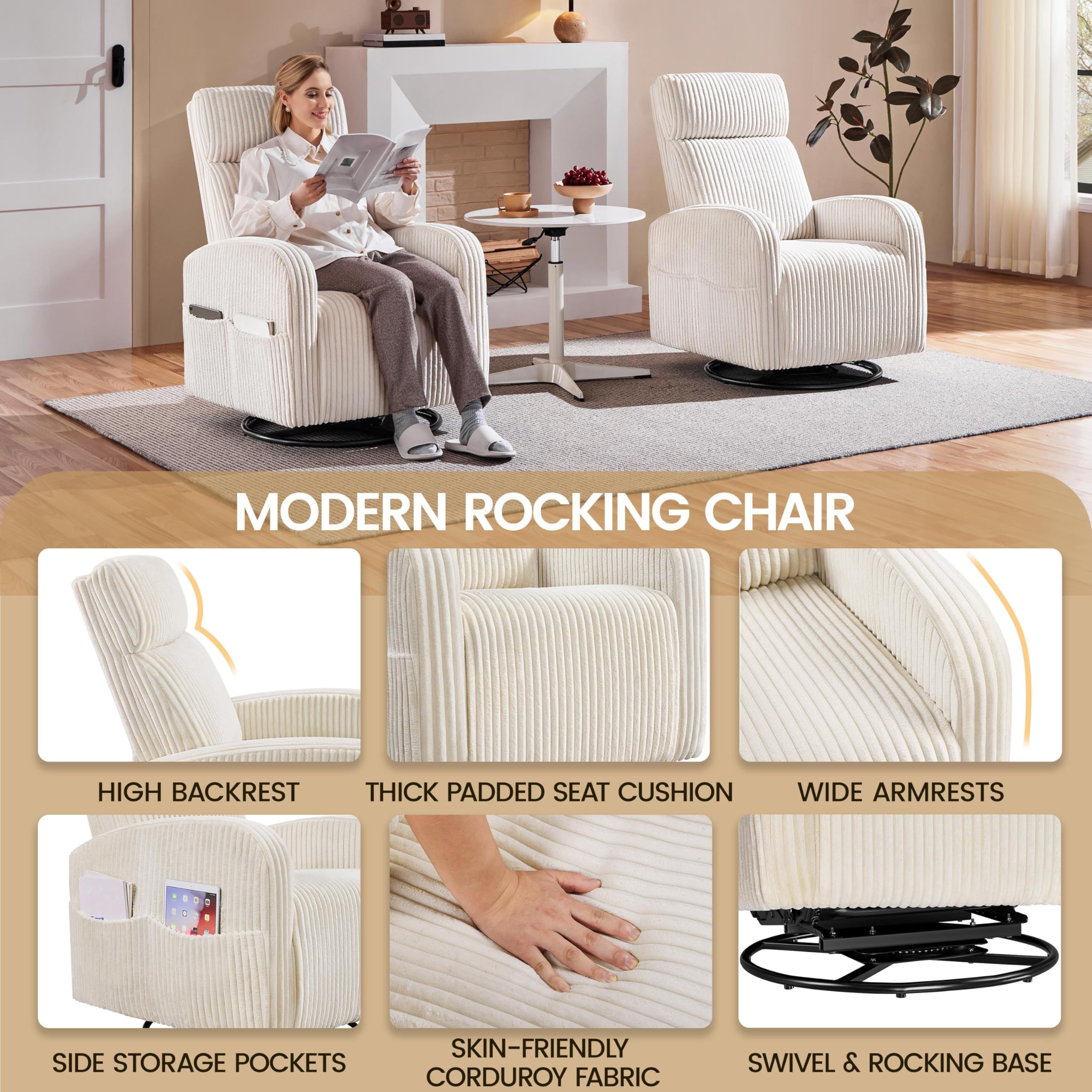 Yaheetech 360° Swivel Glider Rocking Chair - High Back Nursery Nursing Chair with Side Pockets, Soft Corduroy Upholstery, Beige - Perfect for Baby Nurseries, Living Rooms & Breastfeeding Comfort