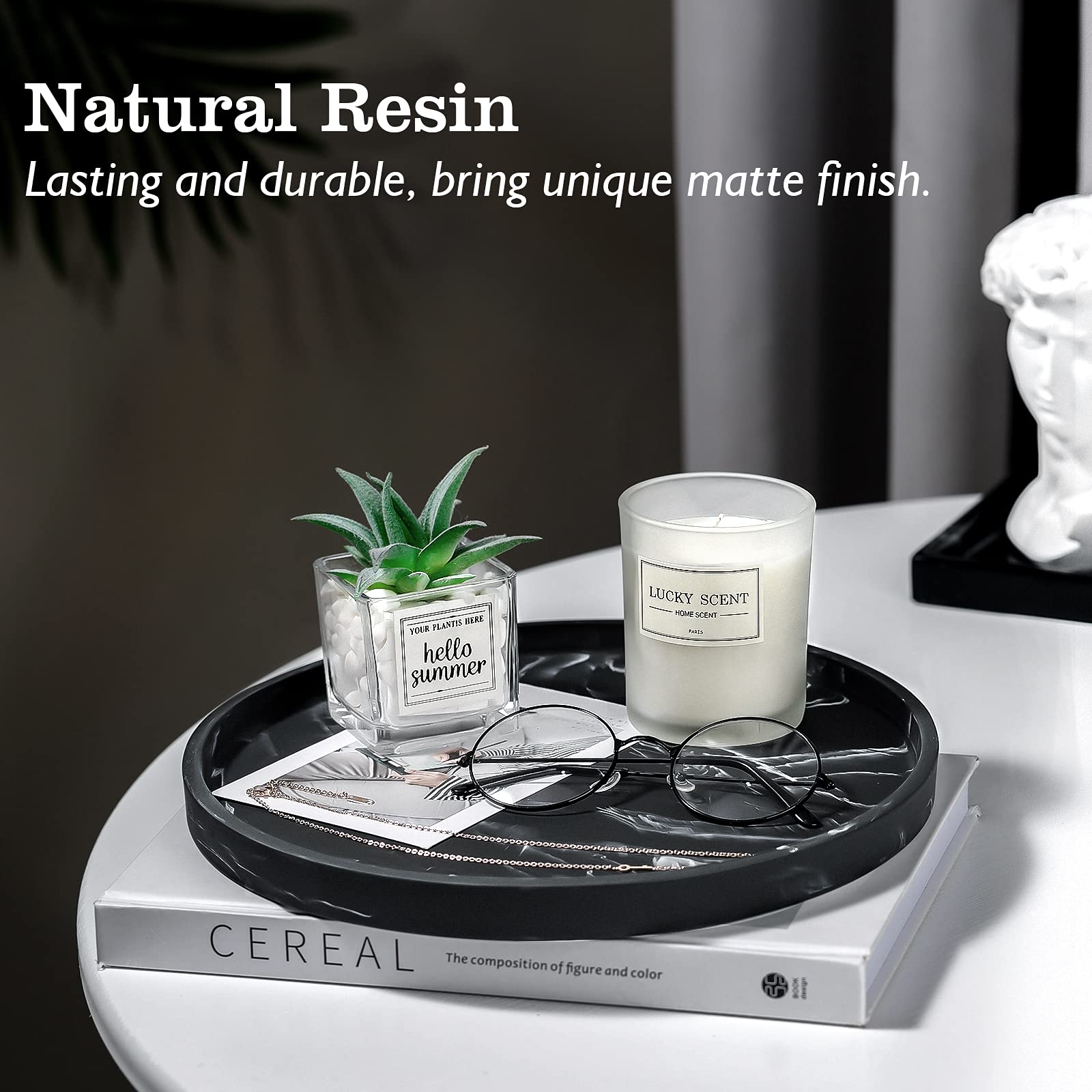 Resin Round Vanity Tray - Decorative Bathroom & Bedroom Storage Organizer for Jewelry, Cosmetics, Candles & Lotion Bottles | Matte Ink Black Countertop Tray for Toilet Tank, Dresser & Kitchen