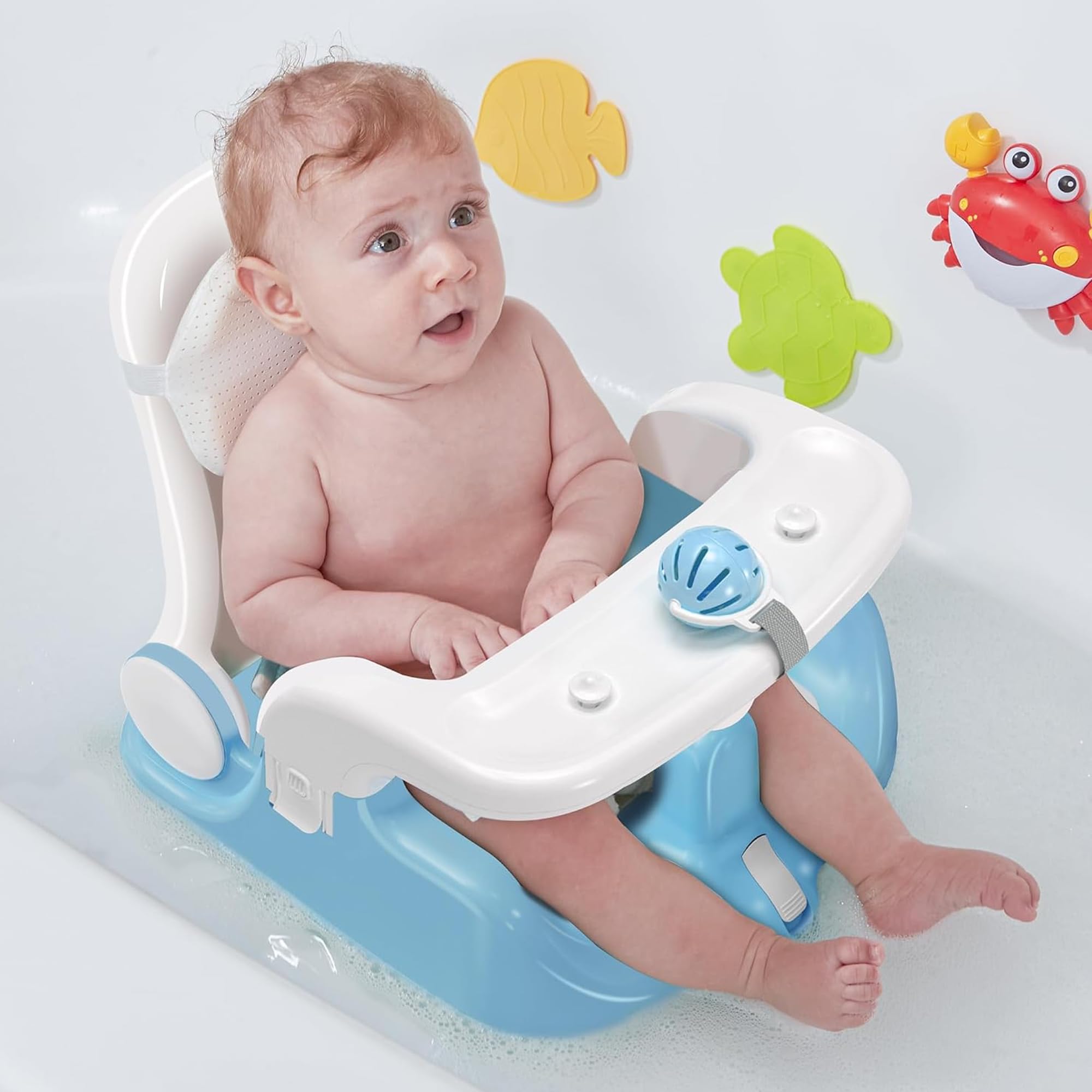 BabyBond 2-in-1 Baby Bath Seat with Sitting & Lying Positions - Adjustable 3-Speed Shower Head, Includes 3 Bath Toys & Strong Suction Cups - Safe Infant Bathtub Chair for Newborns to Toddlers (Blue) - Perfect for Bath Time Fun and Learning
