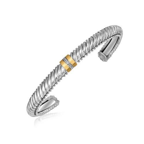 18K Yellow Gold & Sterling Silver Italian Cable Open Bangle Bracelet with Diamonds - Elegant Jewelry for Women, Perfect for Weddings, Parties & Gifts