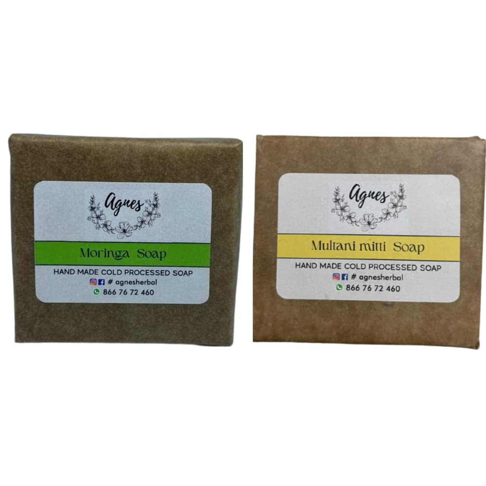 Agnes Moringa Soap - 100% Natural & Herbal Cold Processed Handmade Soap for Eczema, Anti-Aging & Acne Treatment | Pack of 2 (200g) | Gentle Cleansing for Sensitive Skin & Daily Skincare Routine