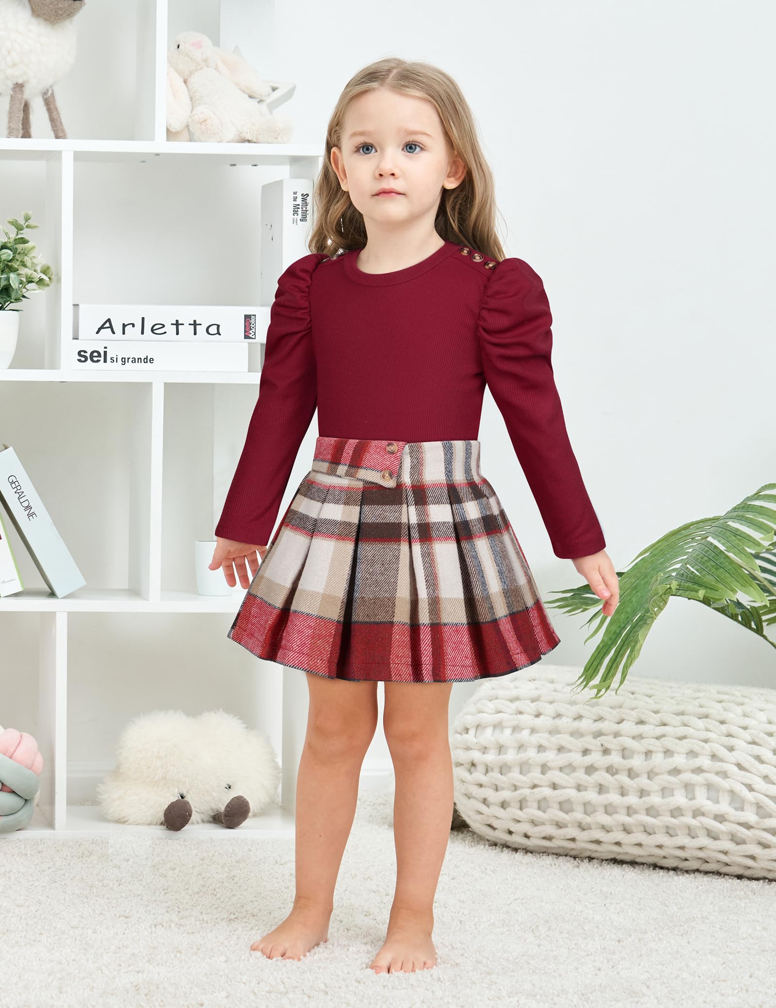 Fuermos Toddler Girl Outfit - 2PC Puff Sleeve Top & Pleated Plaid Skirt Set | Fall Winter Fashion Clothes for Girls | Perfect for School, Parties & Holiday Photos