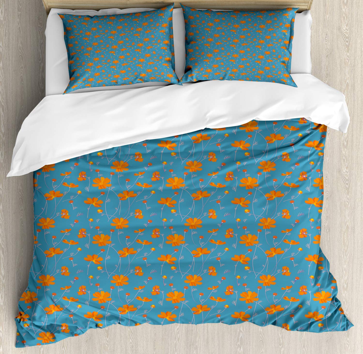 Ambesonne Orange Blue Duvet Cover Set - Floral Design with Thin Stems & Buds | 3-Piece Queen Size Bedding Set with 2 Pillow Shams in Turquoise & Dark Orange | Perfect for Modern Bedroom Decor & Guest Room Styling
