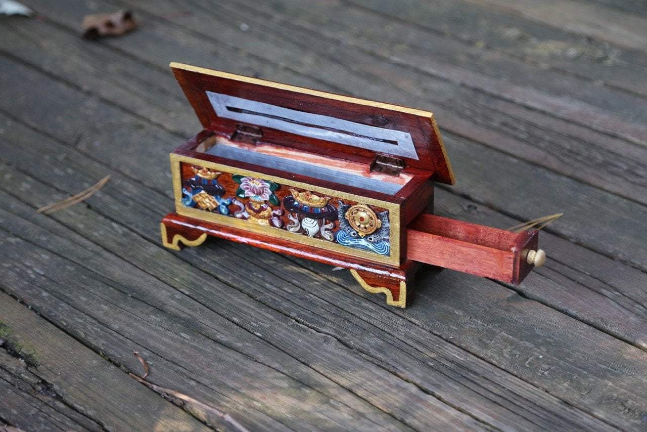 8 Auspicious Carved Wooden Incense Burner Box - Handcrafted Feng Shui Home Decor for Meditation, Yoga & Spiritual Relaxation