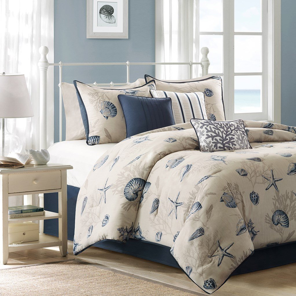 7-Piece Coastal Queen Comforter Set - Seashell & Nautical Beach House Bedding with Shams & Toss Pillows | Tropical Decor for Master Bedroom, Guest Room & Vacation Homes
