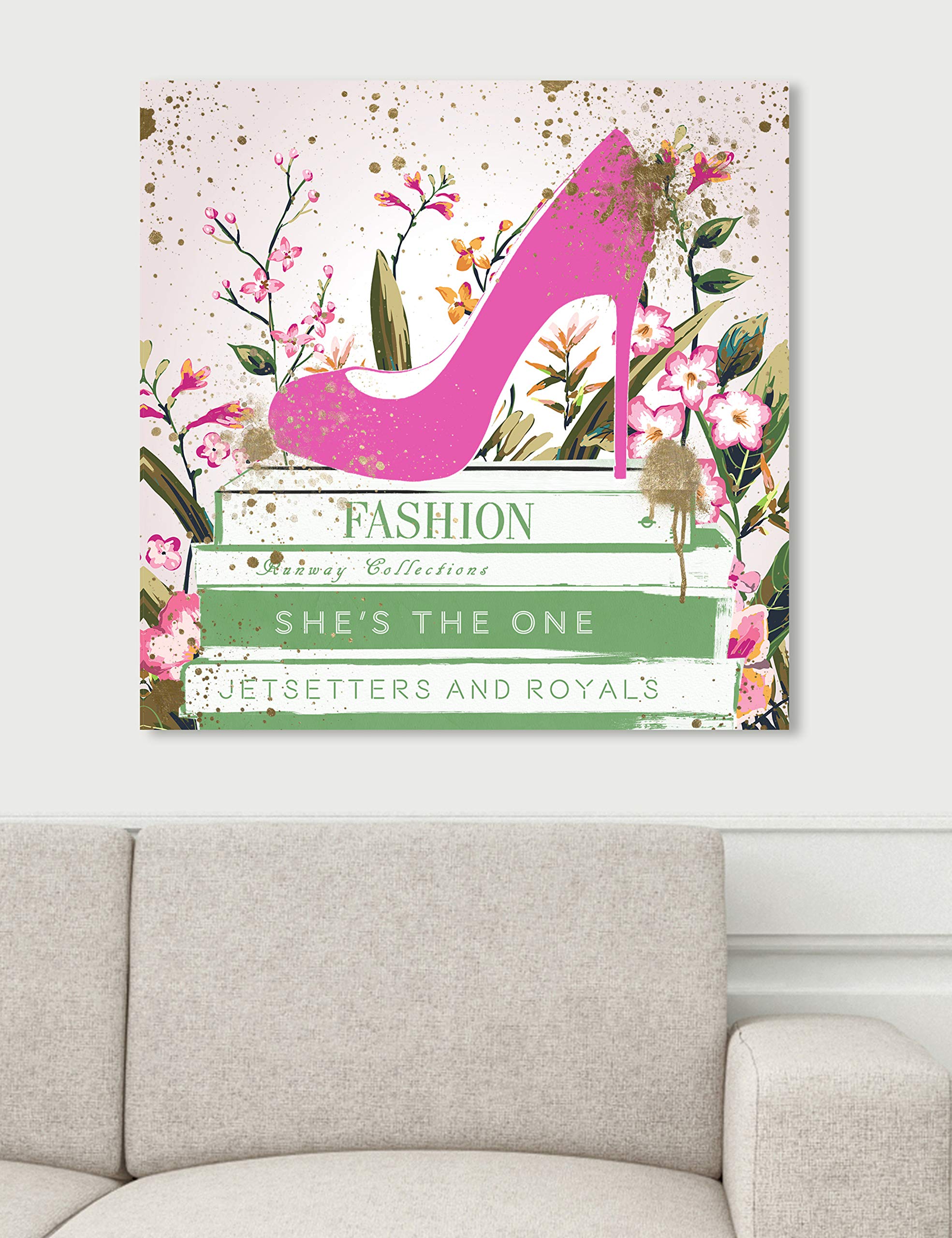 Oliver Gal Artist Co. Fashion & Glam Wall Art Canvas Print - 'Shoes and Books Spring' Home Decor 12x12 Inches - Green & Pink Abstract Painting for Living Room, Bedroom, Office Decor