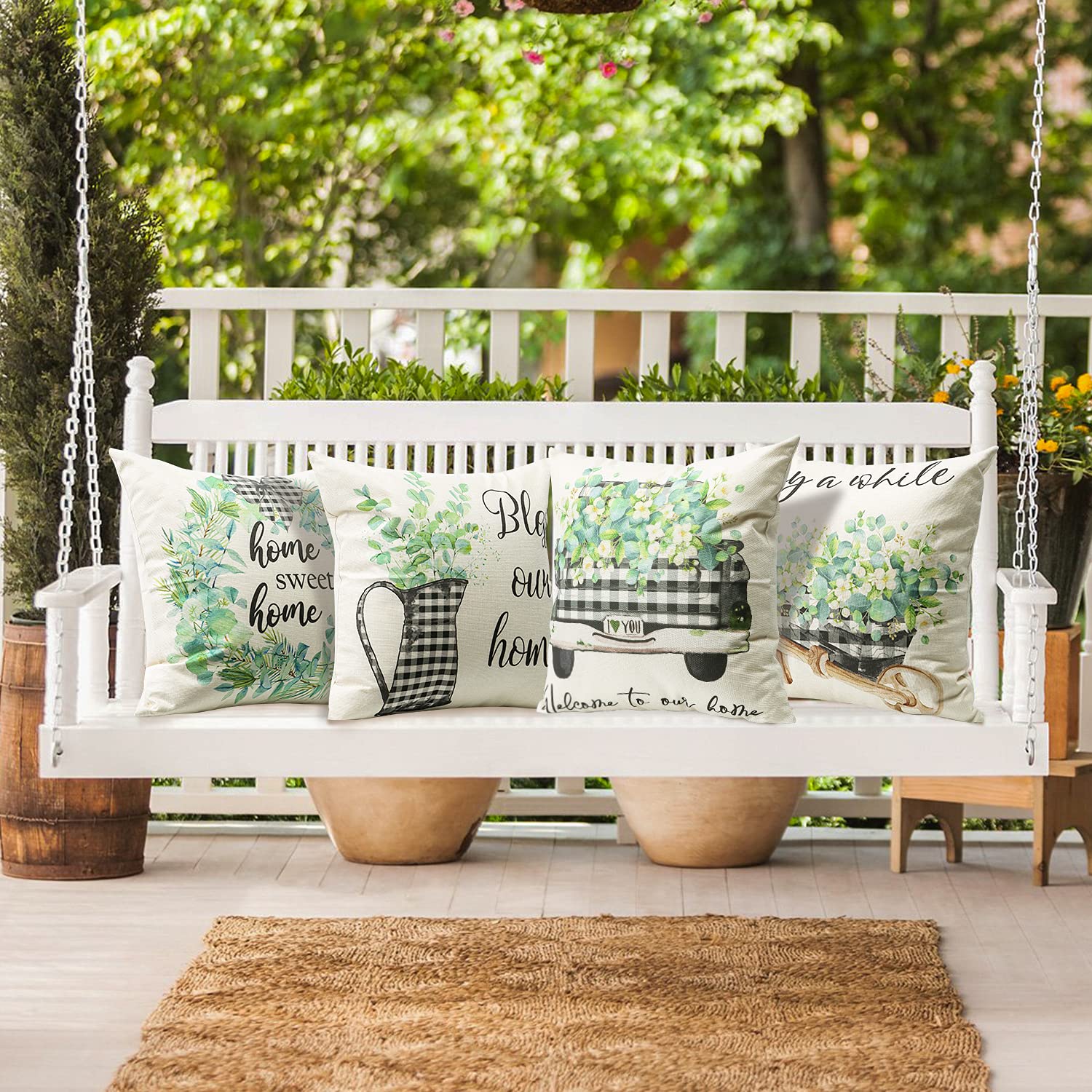 OTOSTAR Waterproof Outdoor Throw Pillow Covers - Pack of 4 (18x18 Inch) - Decorative Leaf Pattern Cushion Cases for Patio, Garden, Couch & Home Decor - Perfect for Spring, Summer & Holiday Seasons - Eucalyptus Design